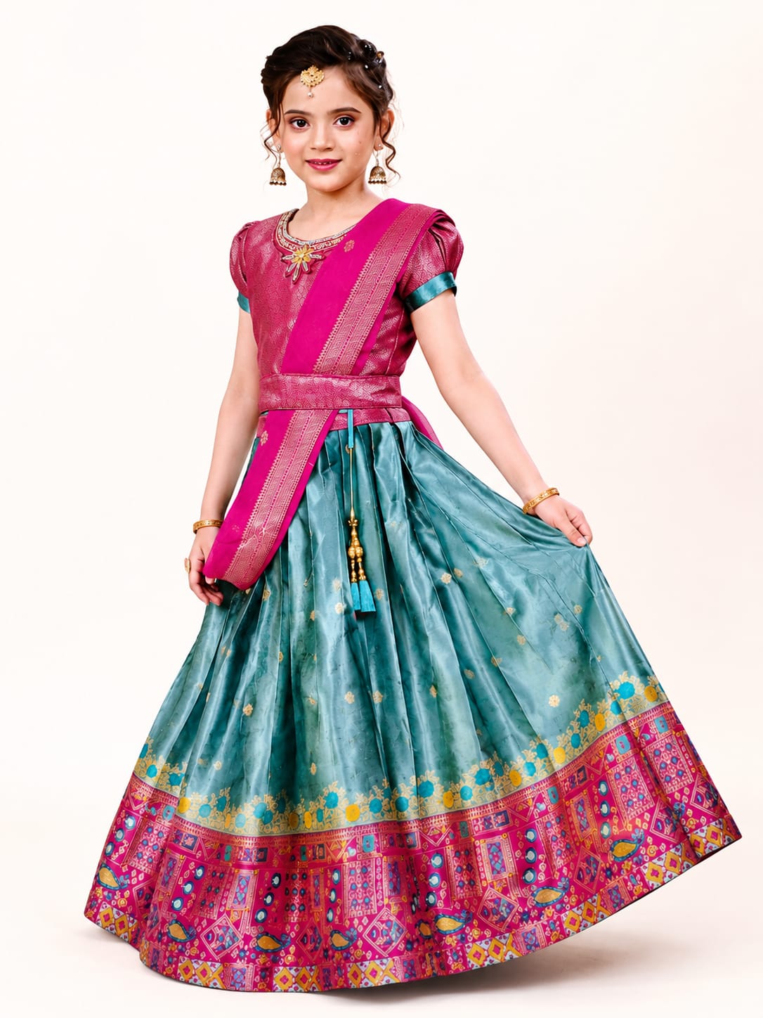 Kids Banaras Crop Top Lehenga Choli - Pink | Like N Like