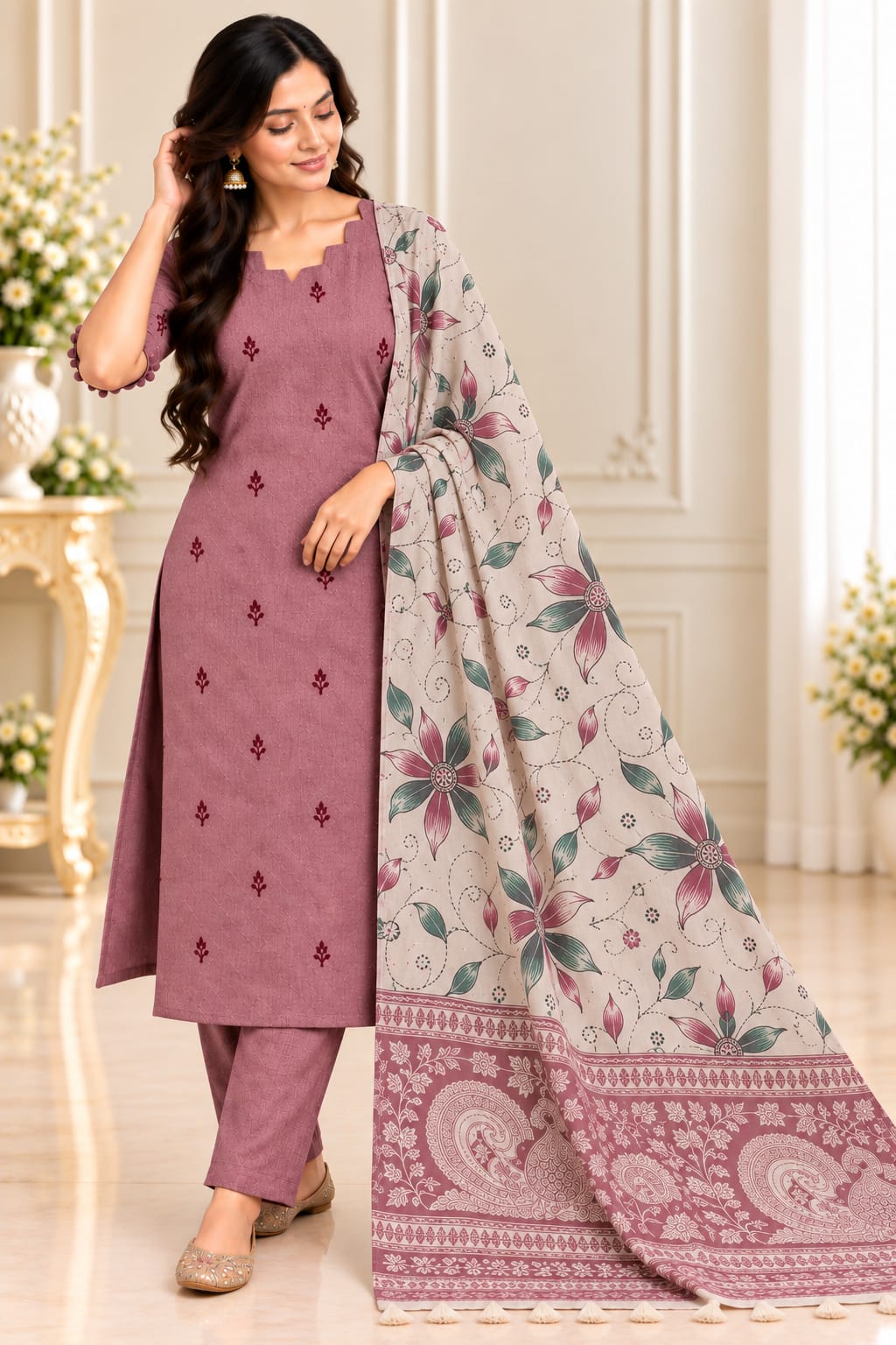 🌸 PREMIUM COTTON BLEND 3-PIECE SUIT SET WITH FLORAL KALAMKARI DHUPPATA🌸