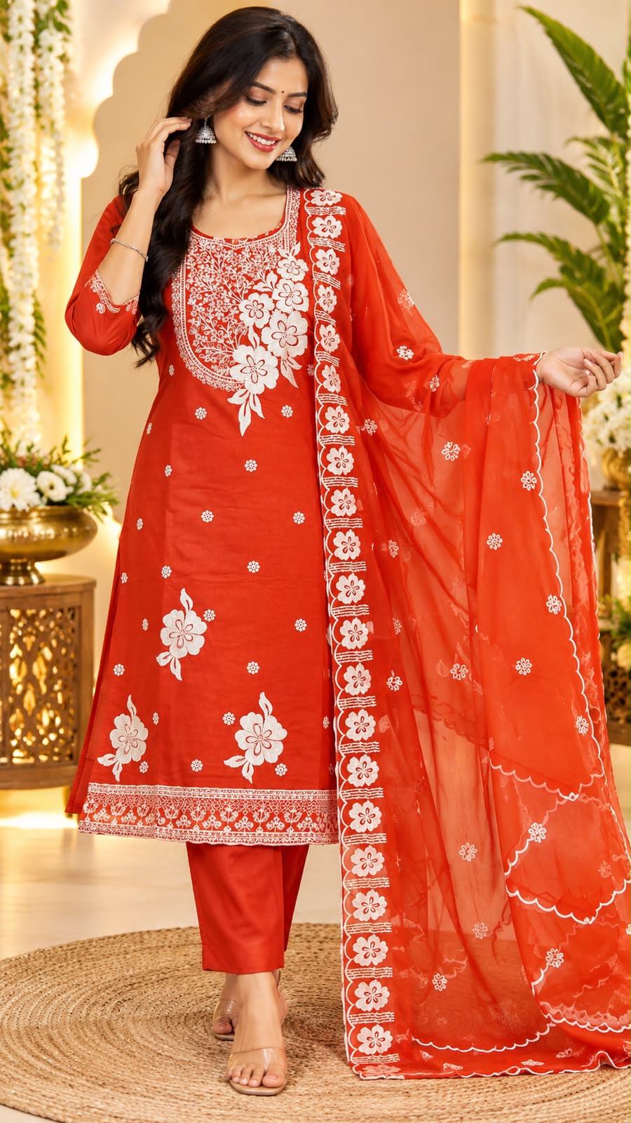 FLORAL WHITE THREAD WORK MAL CHENDERI 3-PIECE SET