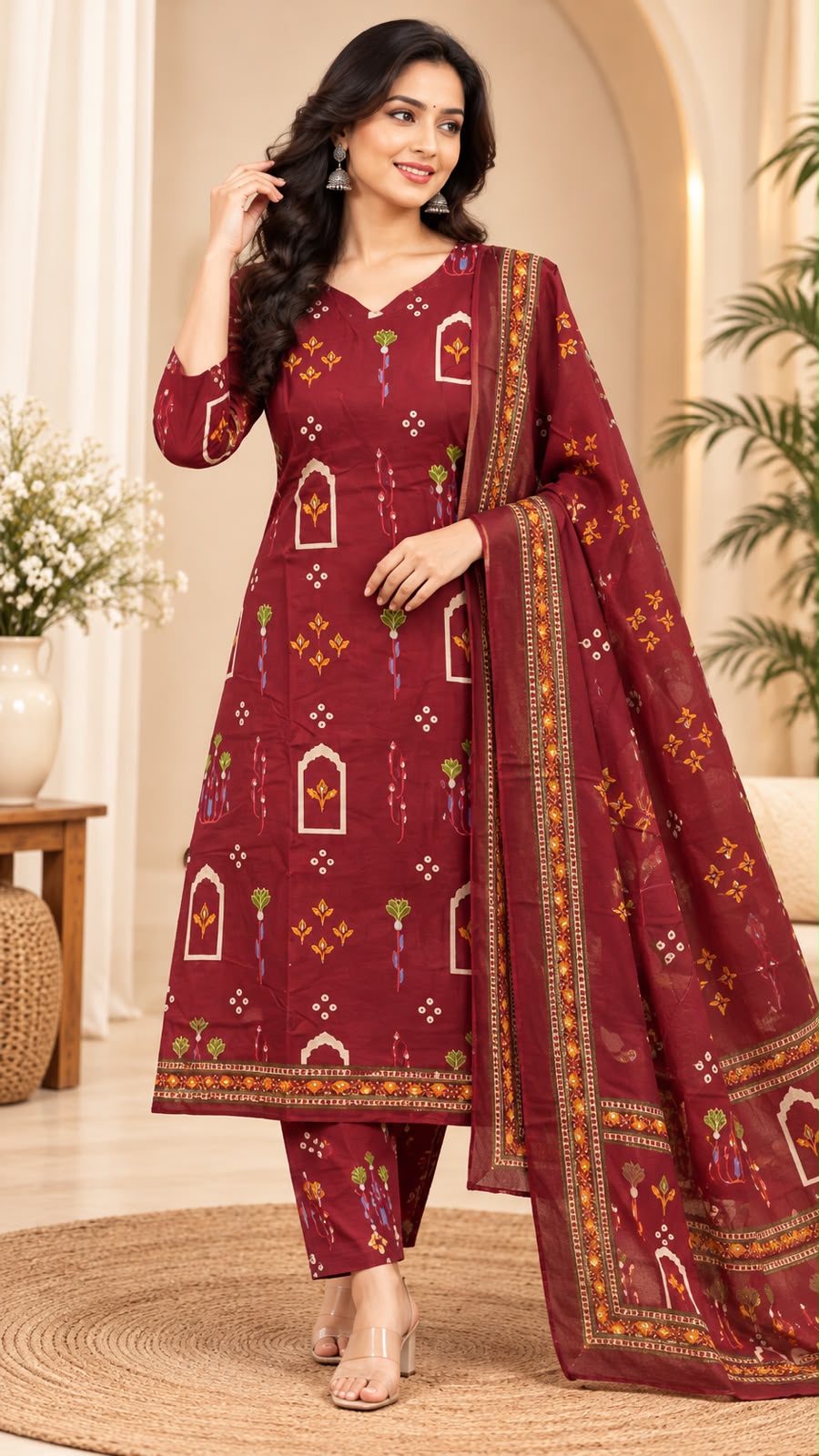 PURE COTTON FLORAL STRAIGHT-CUT KURTI WITH PANT & DUPATTA – 3-PIECE SET