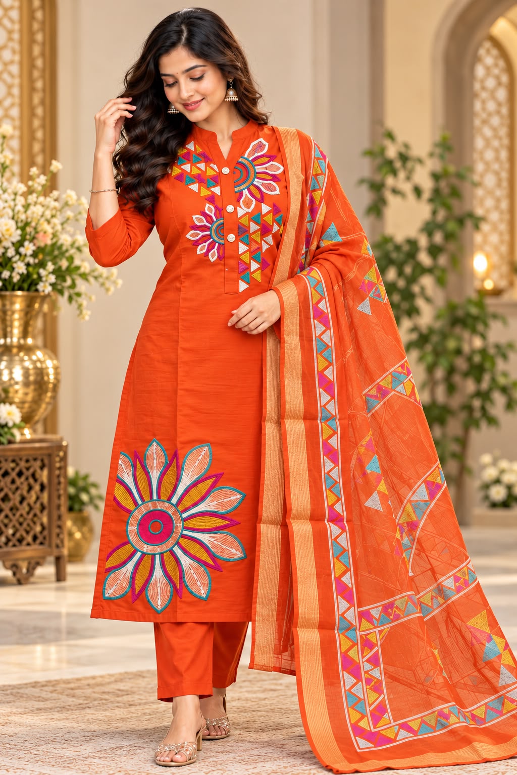 Designer Floral Roman Silk 3 Piece Suit Set for Women | LIKE N LIKE