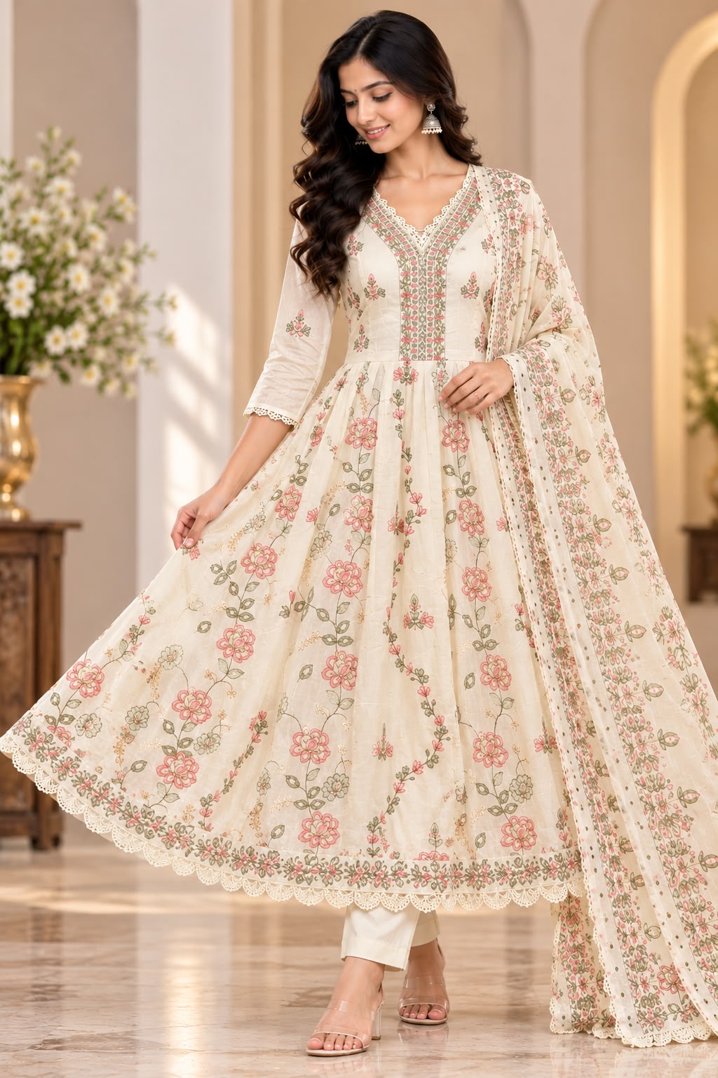 FLORAL KNOT WORK MUL COTTON 3-PIECE SET
