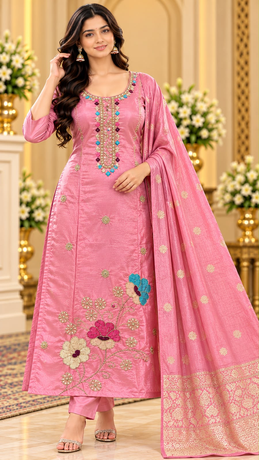 Vamika Floral Glass Tissue 3 Piece Dress Suit Set with Dupatta