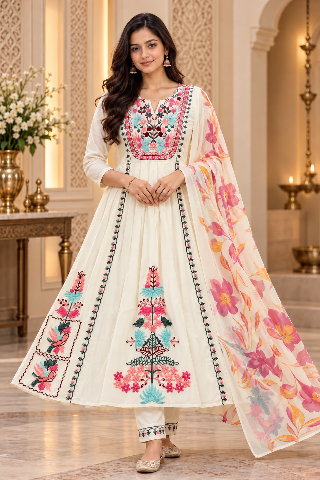 Premium Soft Mul Cotton 3 Piece Suit Set for Women in White with Multicolor Floral Embroidery and Dupatta – LIKE N LIKE