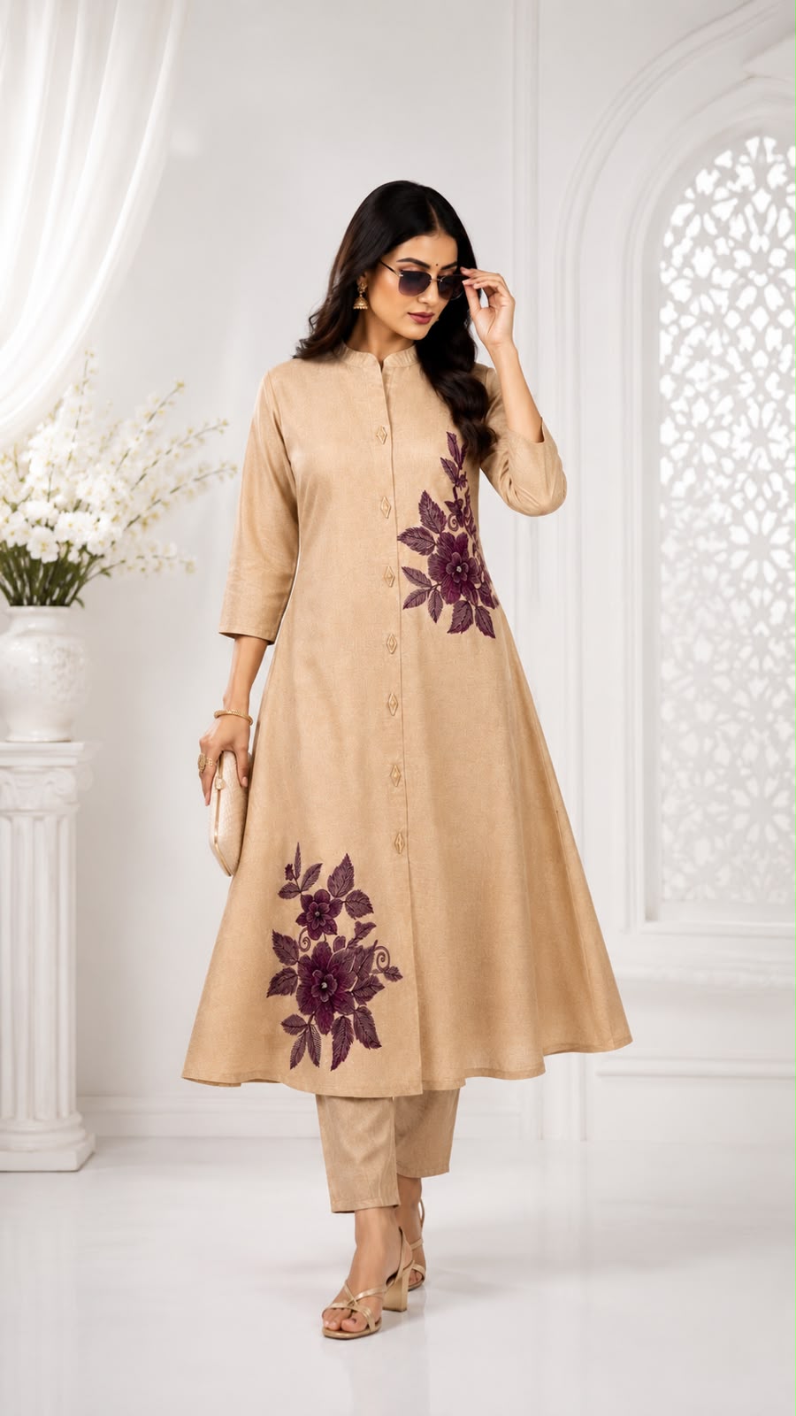 🎉 FREE SHIPPING 699₹ Only Like n Like™ 👍 Cream Elegant Alien Cut Umbrella 2-Piece Co-ord Set