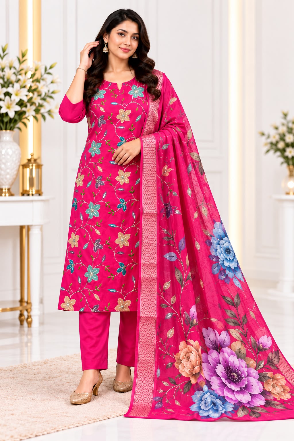 Roman Silk Floral Embroidered 3-Piece Kurti Pant Set with Dupatta