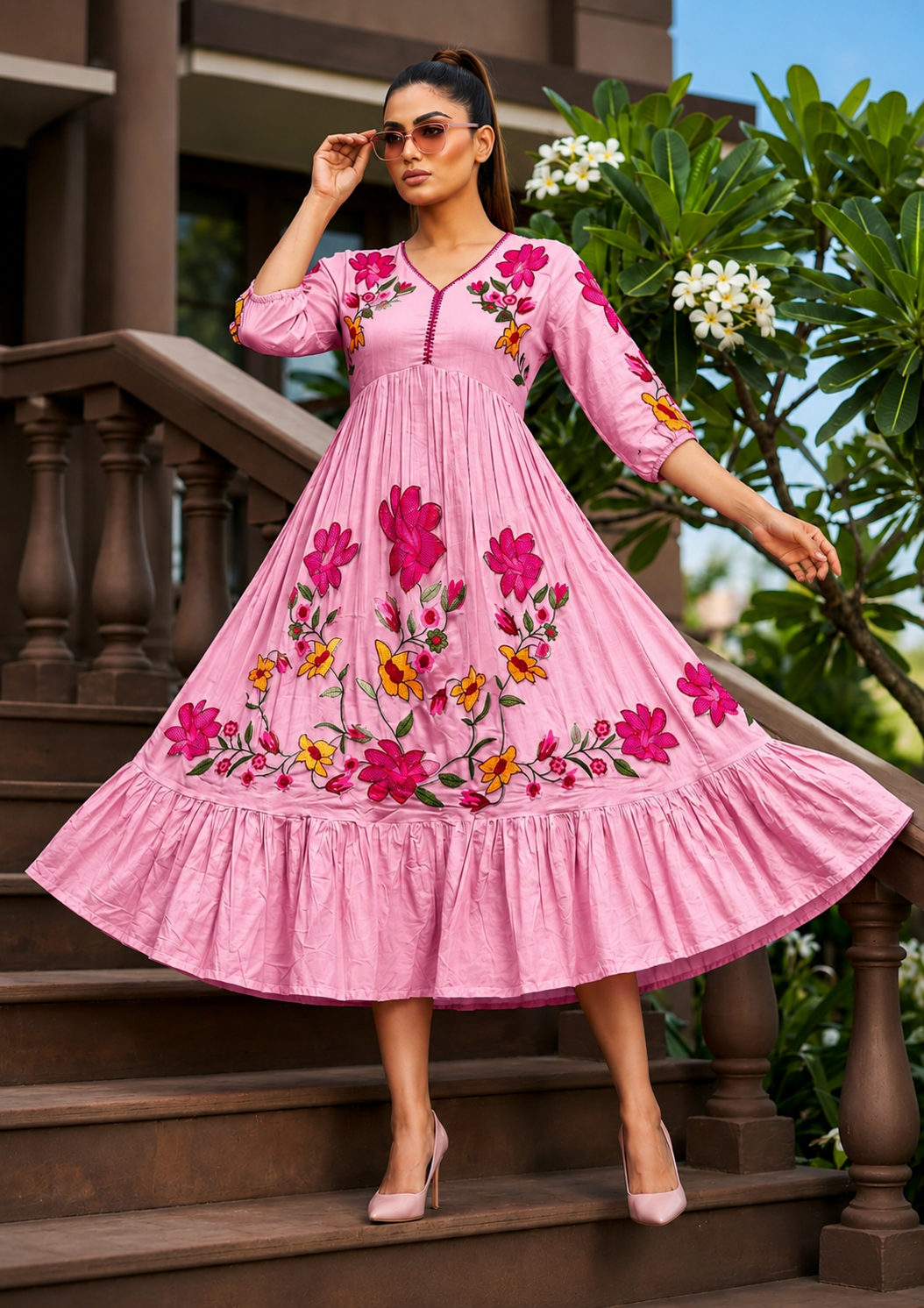 Women's Premium Mul Cotton Embroidered Umbrella Dress | Floral Thread Work | A-Line Flared Kurti | Pink, Pista Green & Mustard Yellow