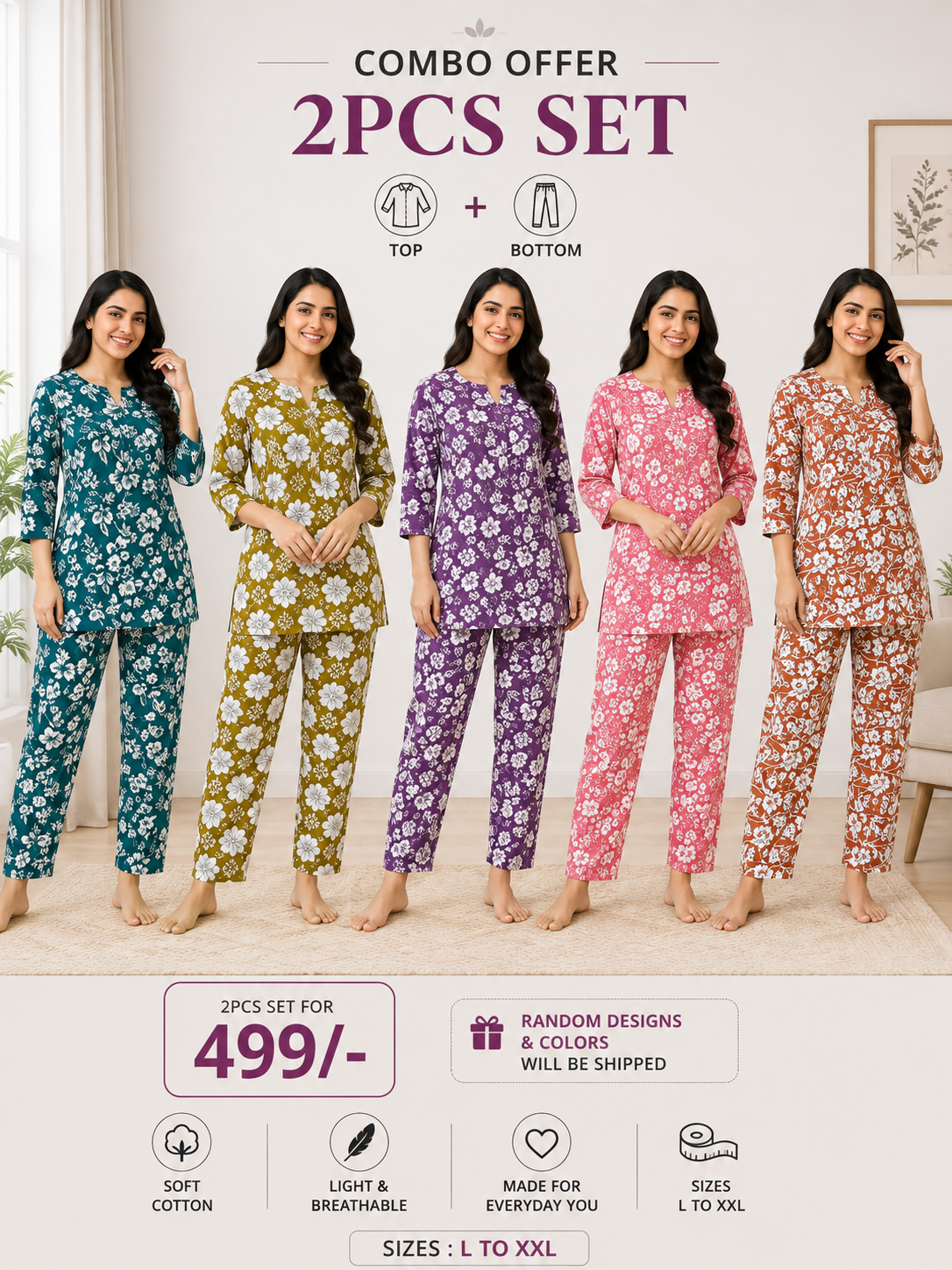 LIKE N LIKE Women's Floral Cotton Co-ord Set Combo (2 Pcs @ ₹499) | Kurta & Pant Night Suit Set (L to 2XL)