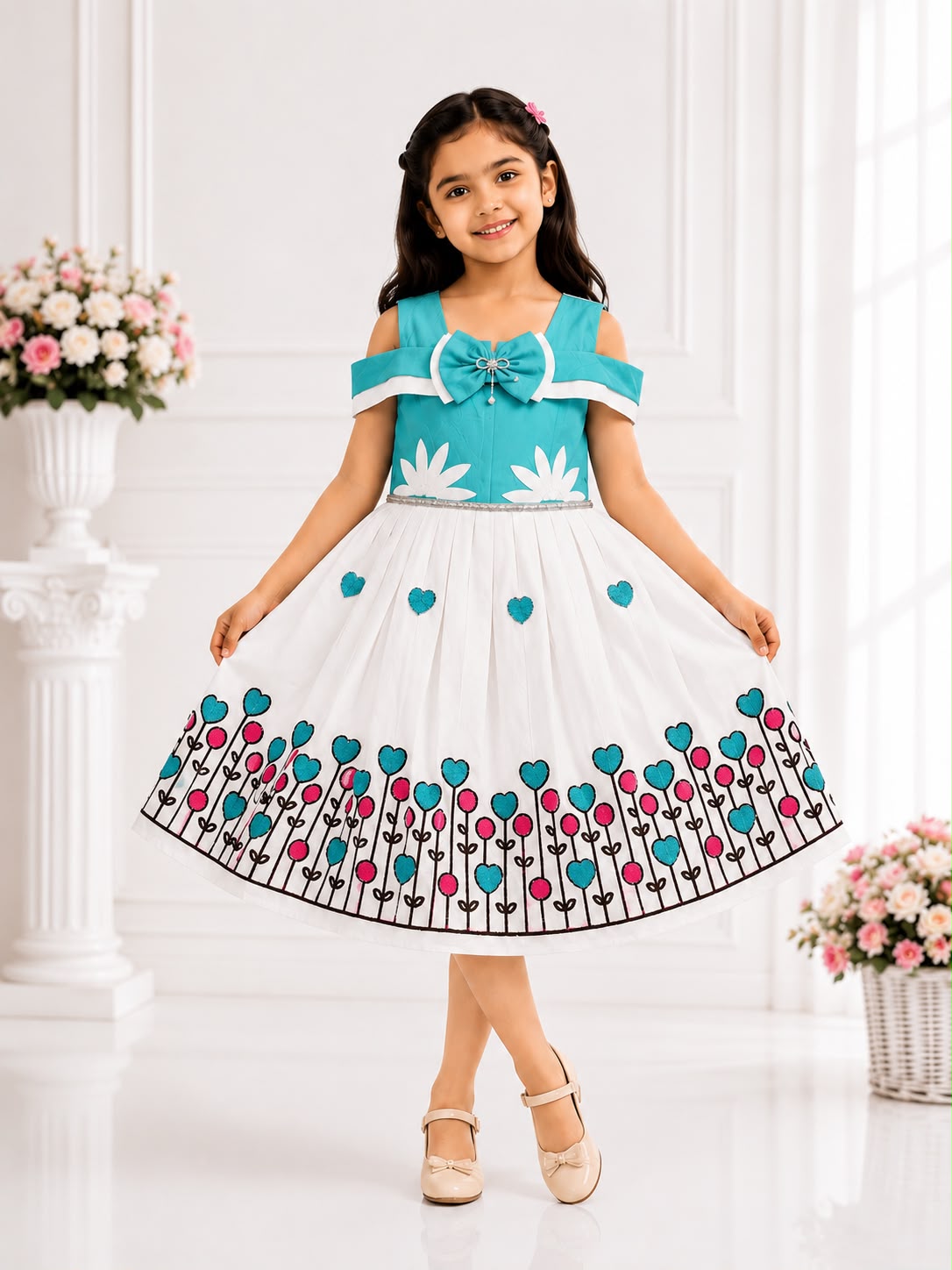 Girls Floral Designer Frock with Bow & Flower Embroidery | Kids Party Wear Frock | Sizes 20β30 | Model - 2