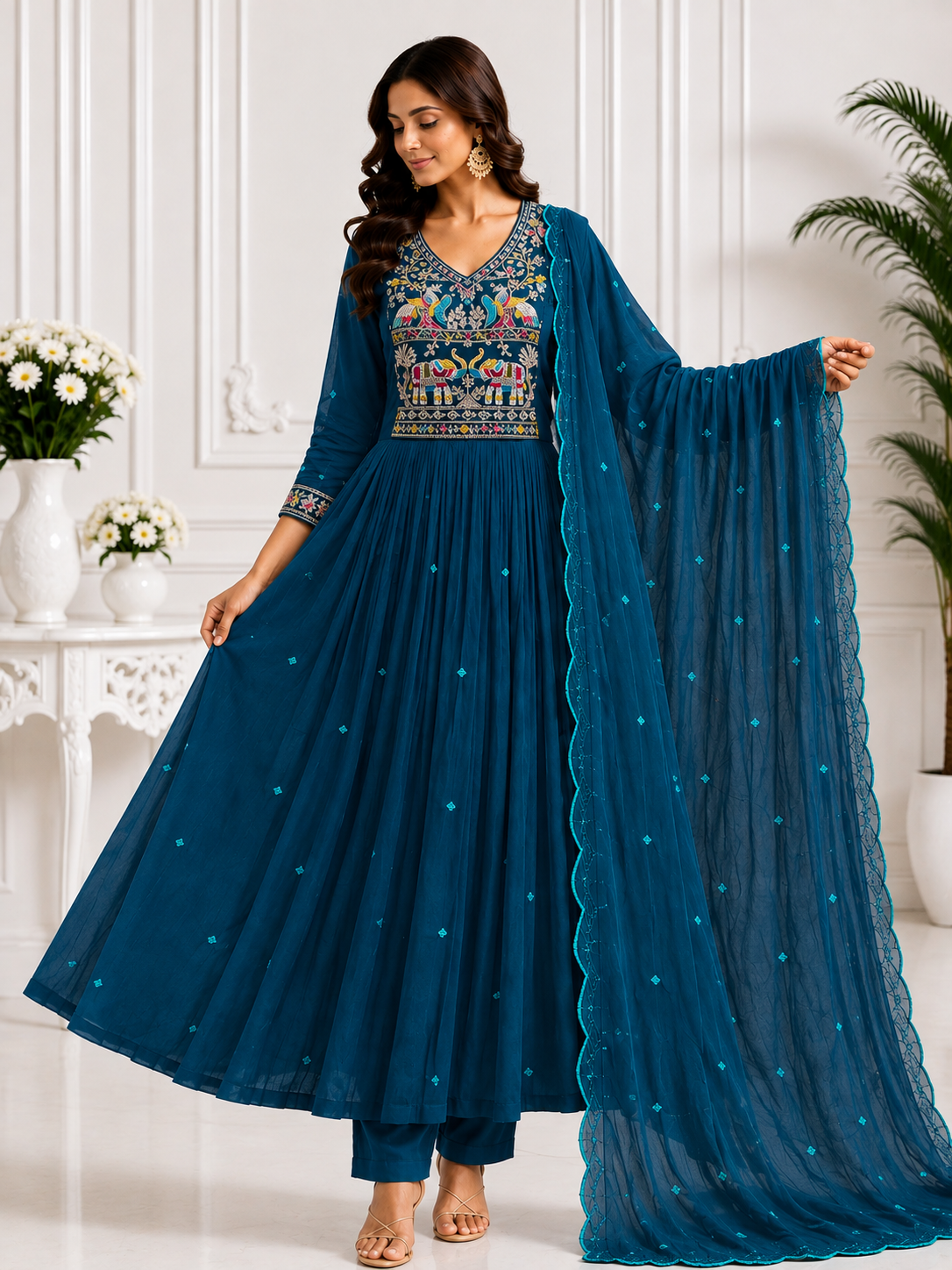 Mal Chanderi Embroidered Anarkali Suit Set with Dupatta | Women's Ethnic Wear | Design 1