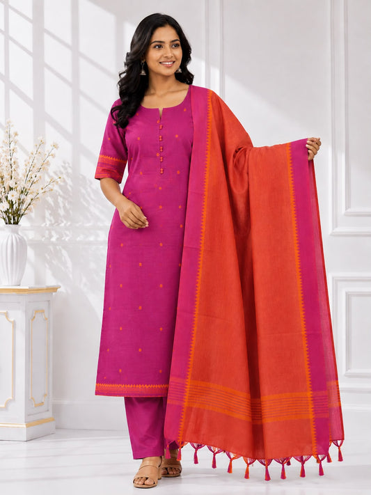 Mangalagiri Cotton 3 Piece Suit Set in Rani Pink and Orange at LIKE N LIKE Showroom Vijayawada