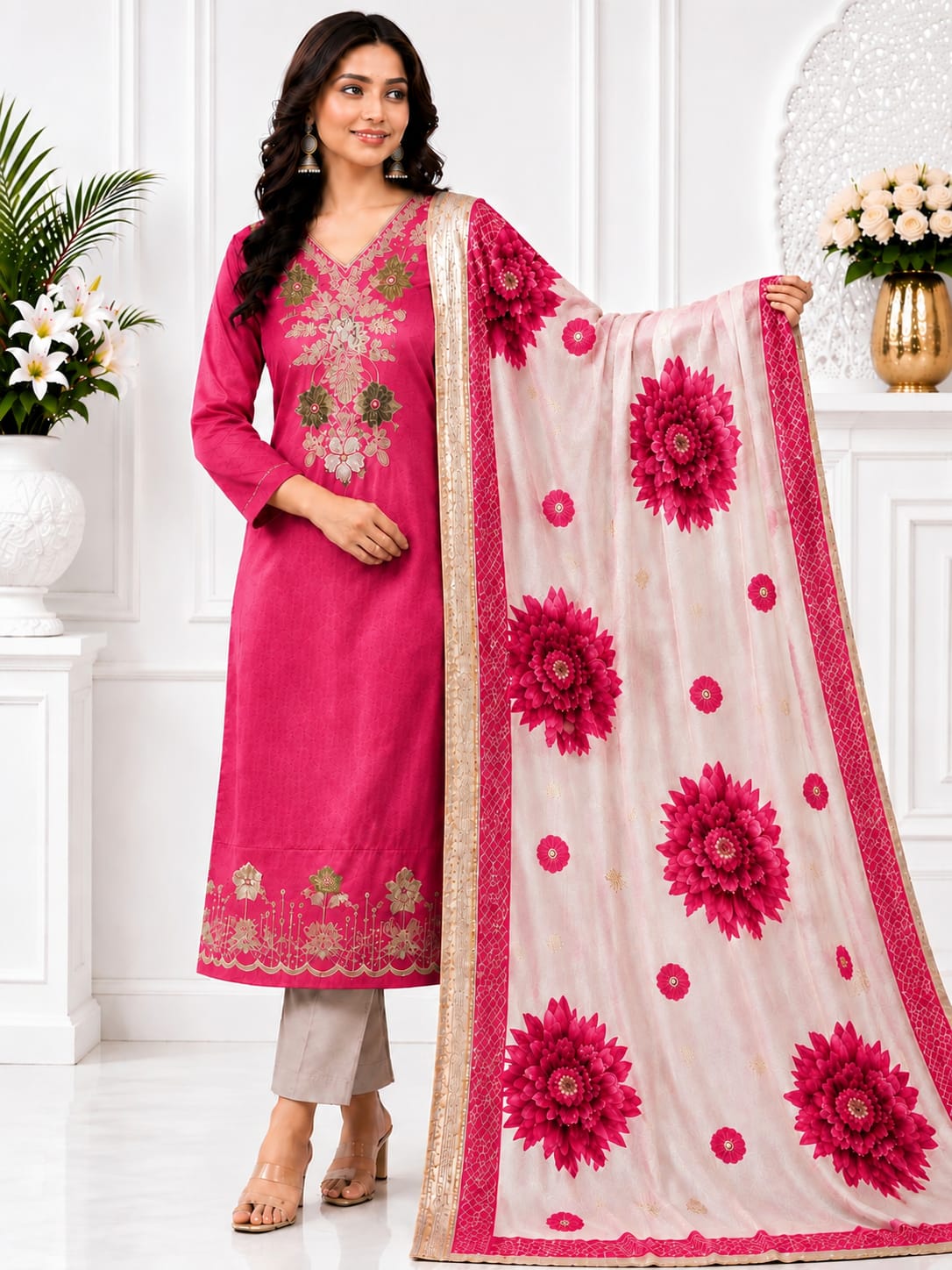 Premium Glass Tissue Embroidered Suit Set with Designer Printed Dupatta