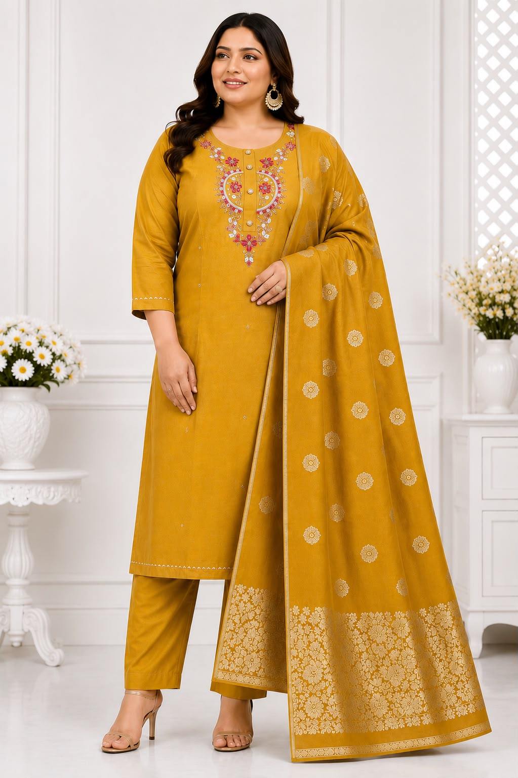 Premium Roman Silk 3-Piece Plus Size Suit Set | Embroidered Kurta, Pant & Jacquard Dupatta| Free Shipping 🎉