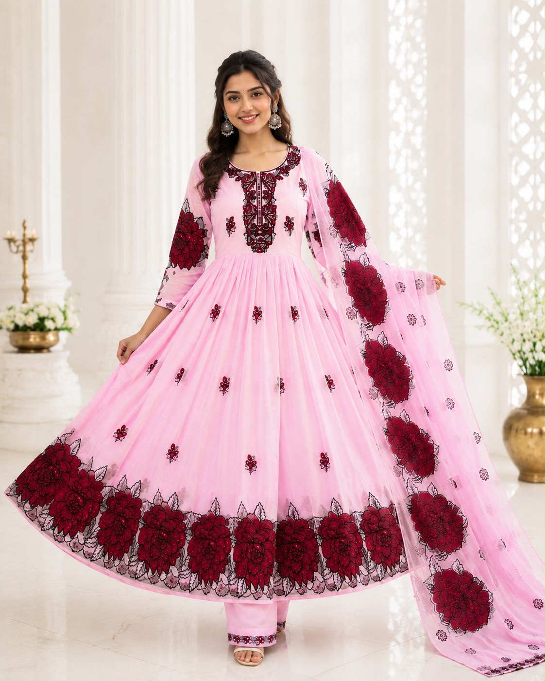 Elegant Floral Printed Anarkali Suit Set with Dupatta | Designer Ethnic Wear for Women | Free Shipping