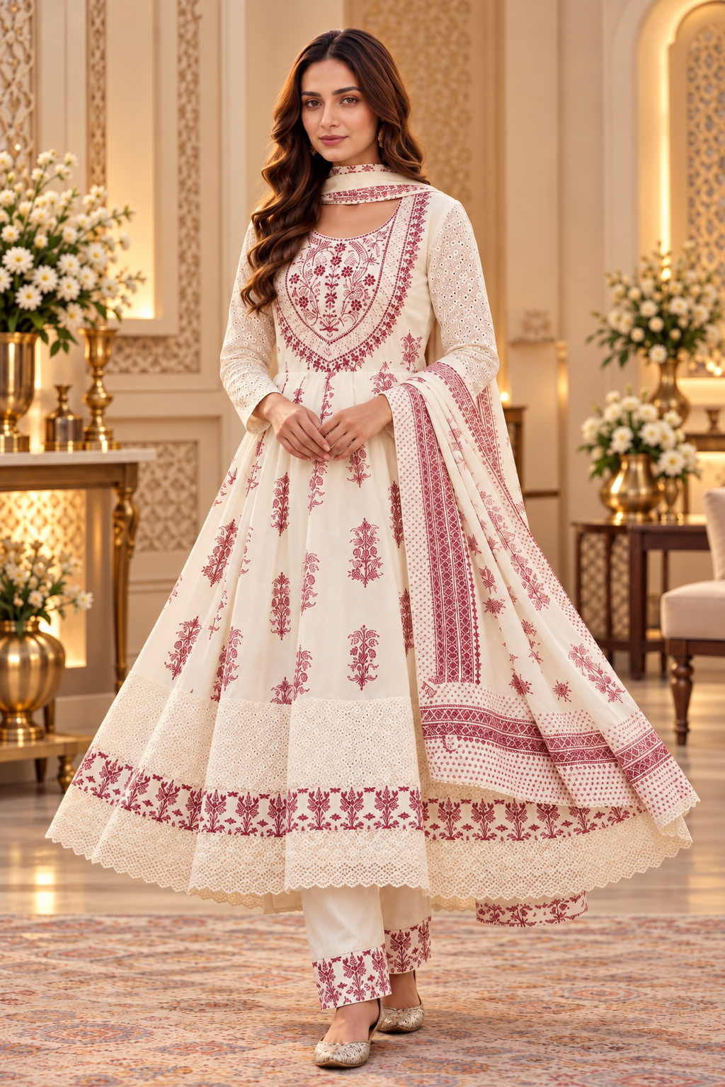 Premium Soft Mul Cotton 3 Piece Suit Set for Women in White and Maroon Floral Print with Dupatta – LIKE N LIKE