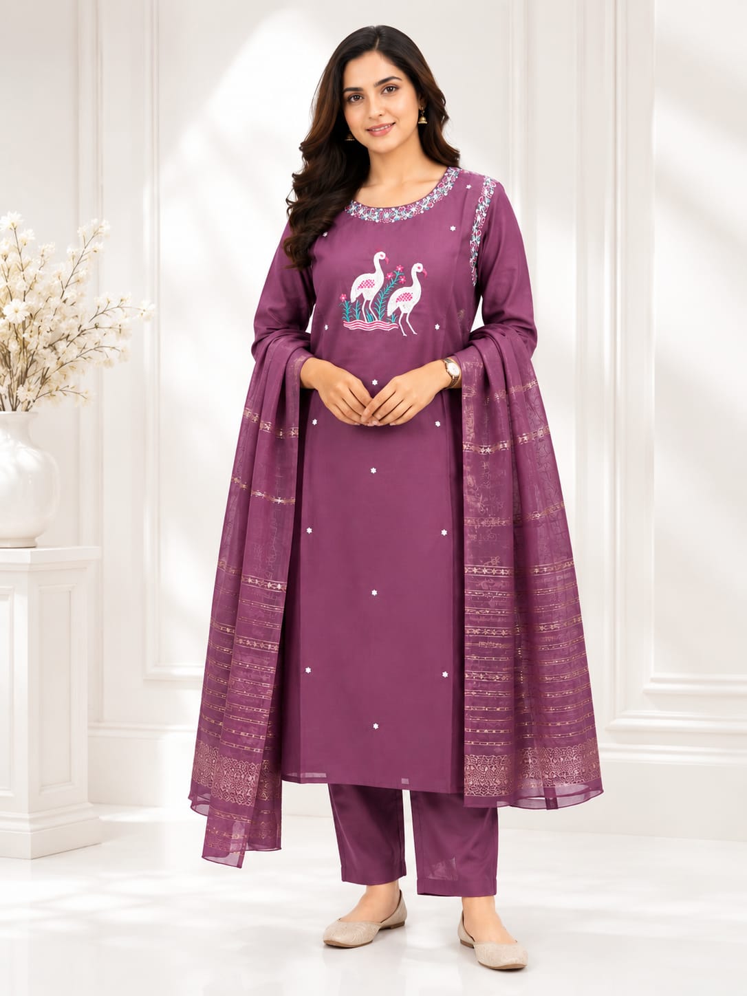 Best Women's Wear Vijayawada | Premium Roman Silk 3-Piece Kurti Set