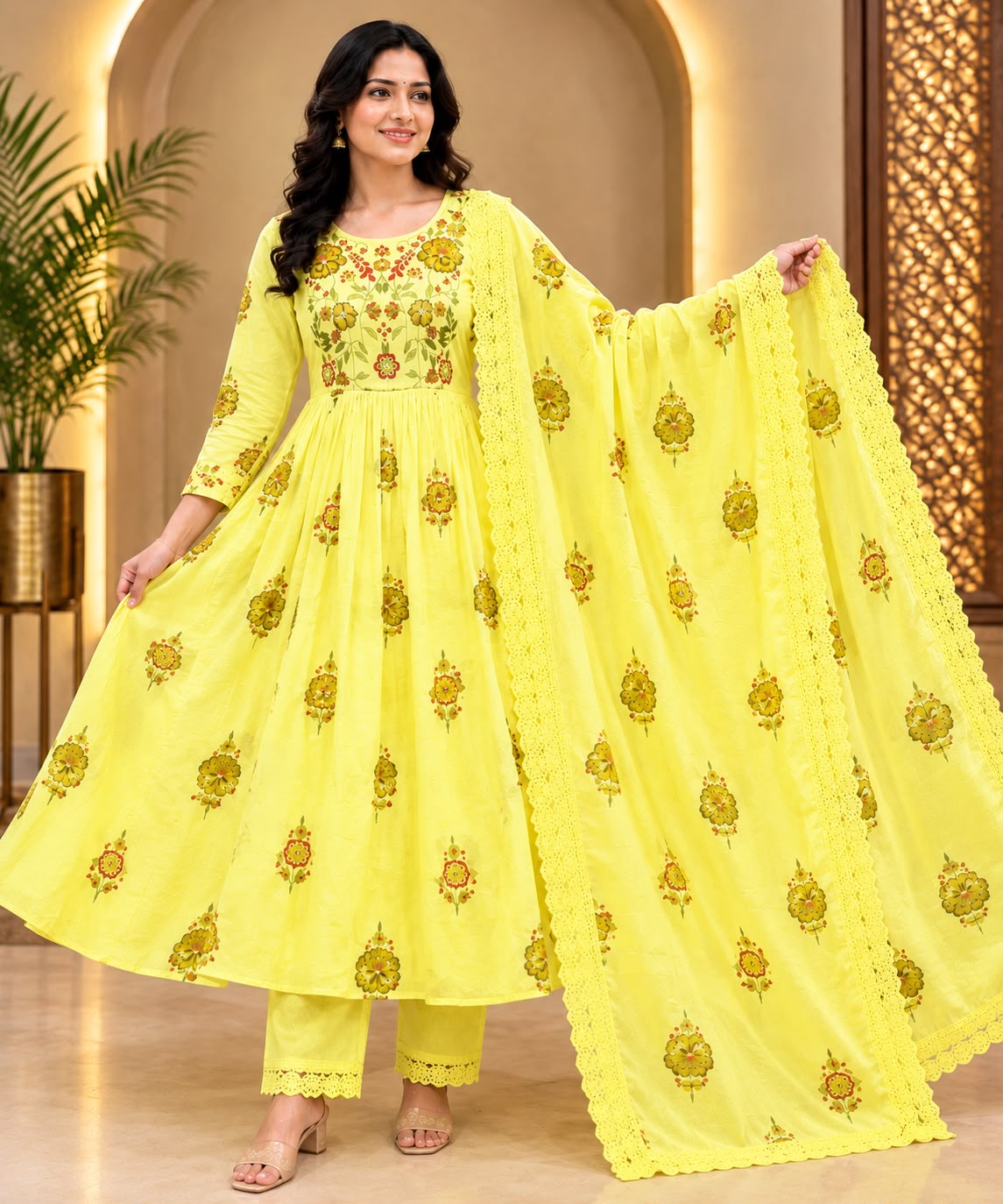 Yellow Pure Mul Cotton Brush Paint 3 Piece Suit Set with Lining - Like N Like Showroom Vijayawada