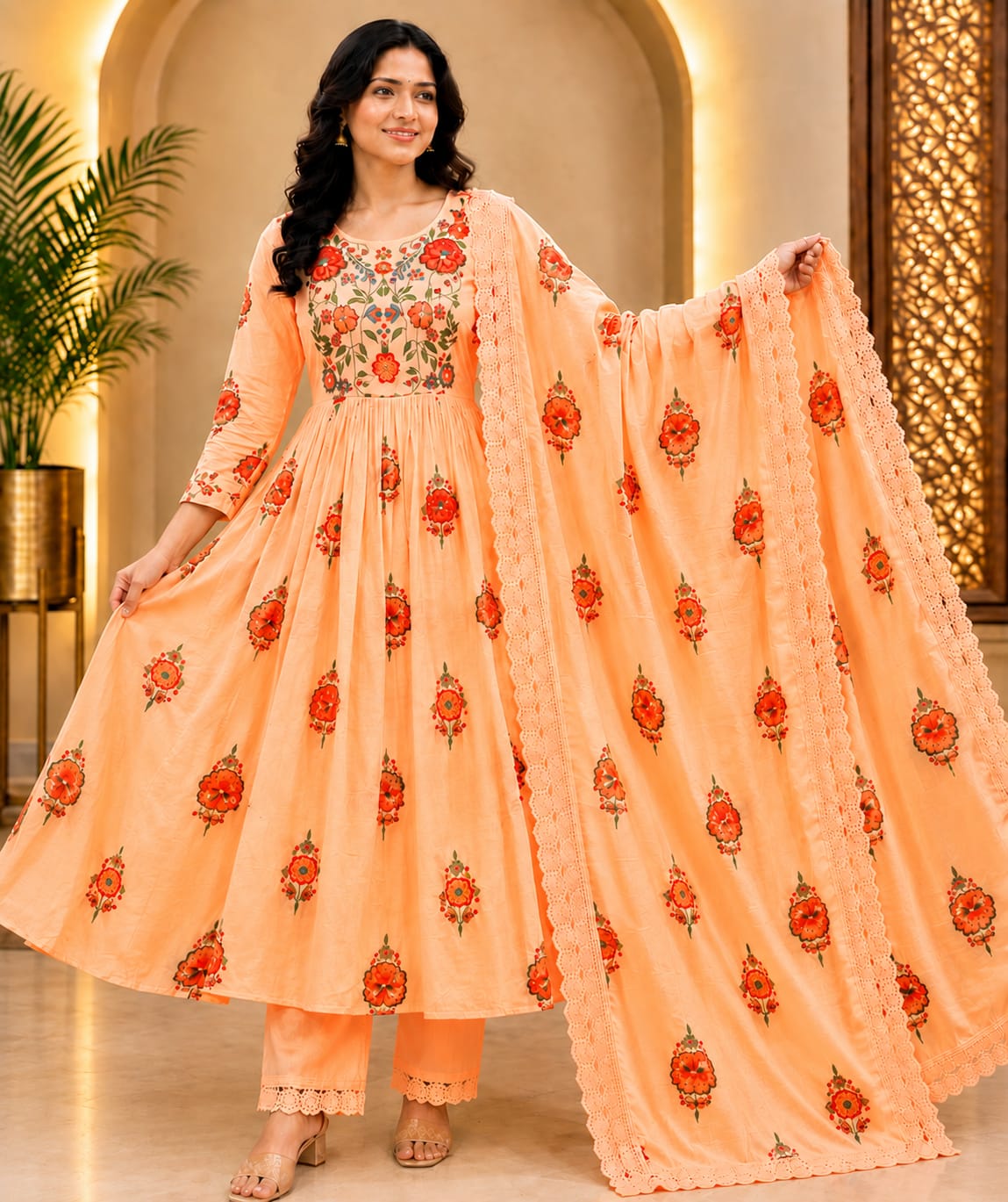 Peach Pure Mul Cotton Brush Paint 3 Piece Suit Set with Lining - Like N Like Showroom Vijayawada