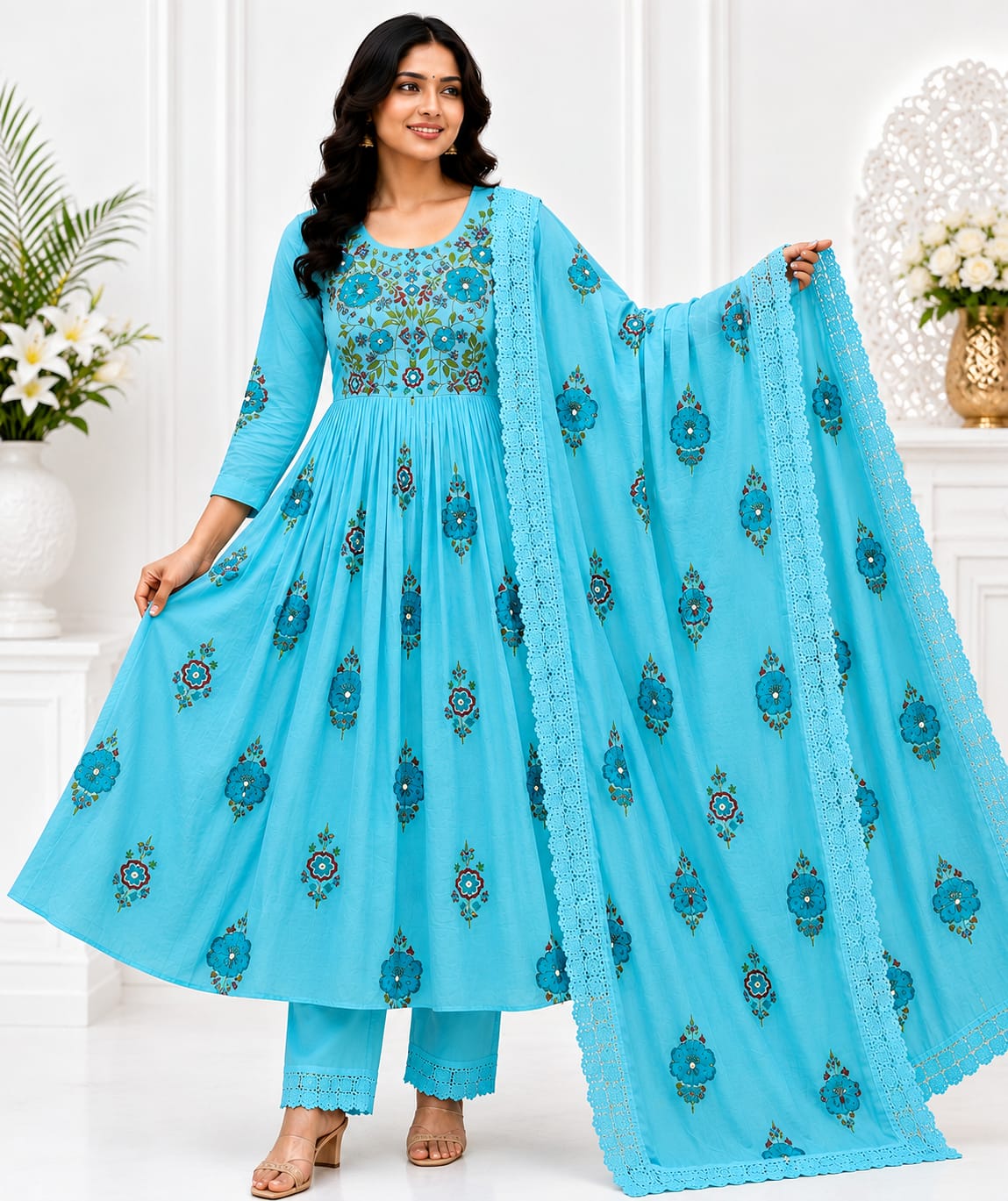 Sky Blue Pure Mul Cotton Brush Paint 3 Piece Suit Set with Lining - Like N Like Showroom Vijayawada
