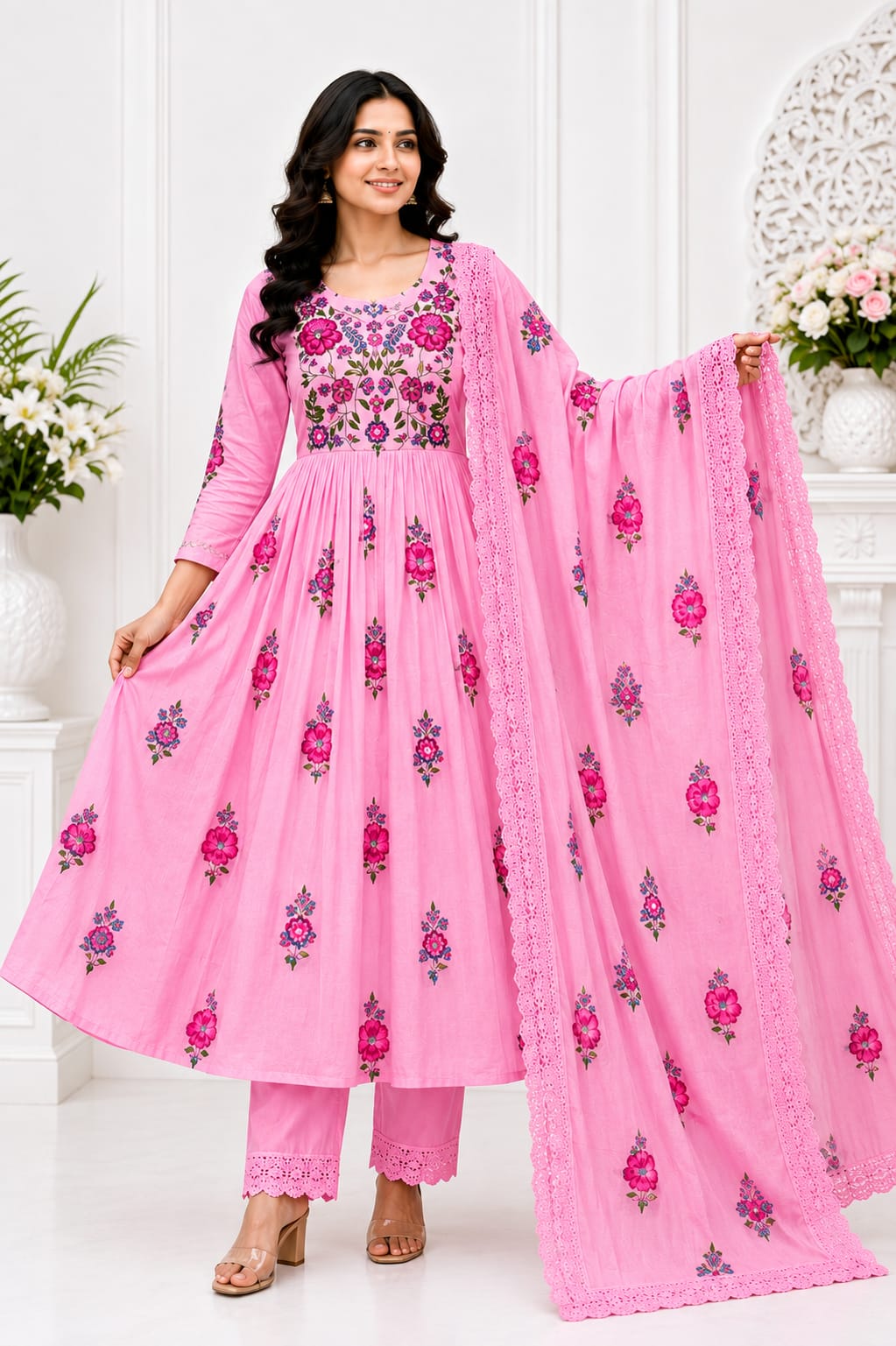 Pink Pure Mul Cotton Brush Paint 3 Piece Suit Set with Lining - Like N Like Showroom Vijayawada
