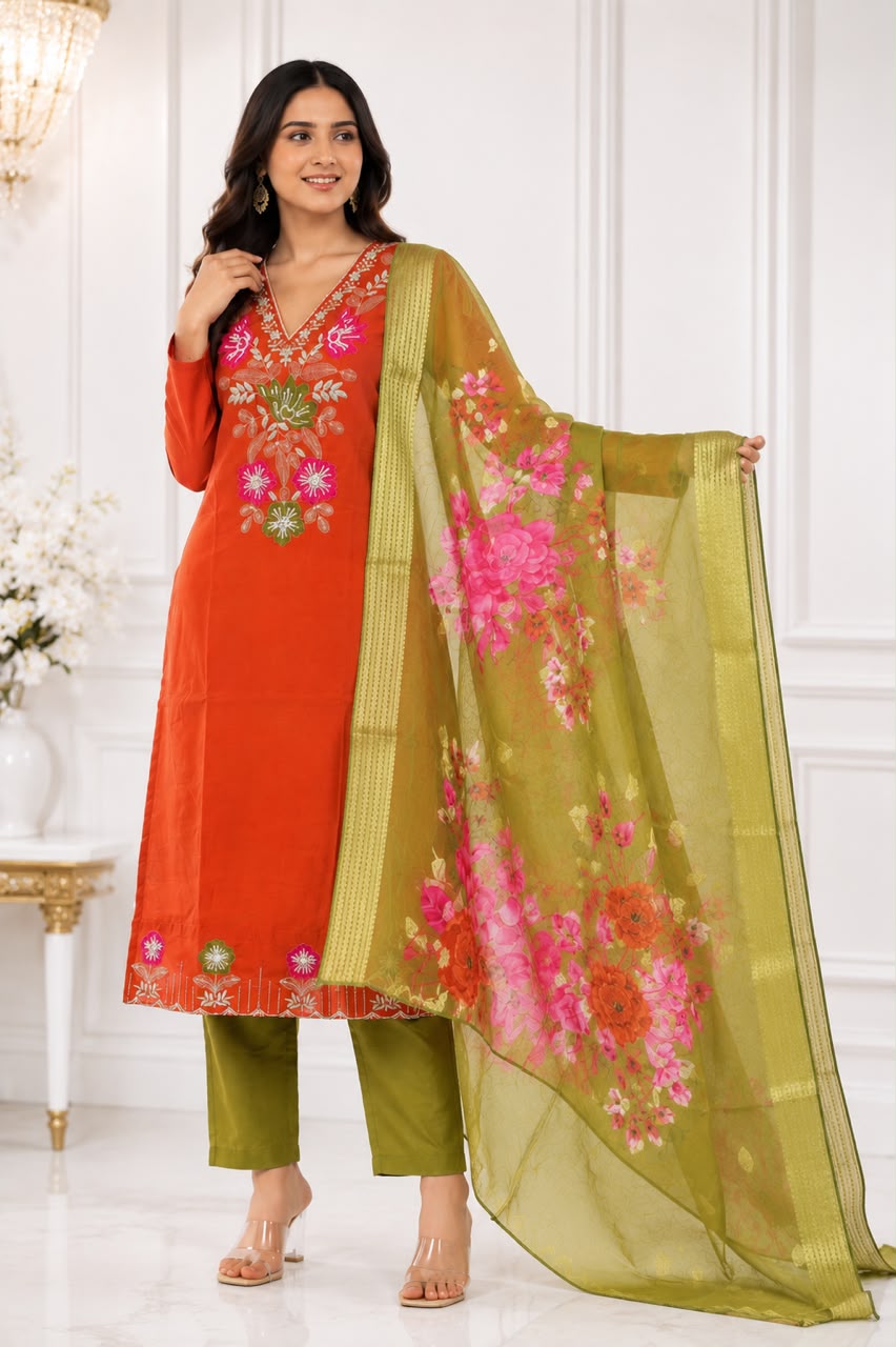 Premium Glass Tissue Embroidered Suit Set with Designer Printed Dupatta