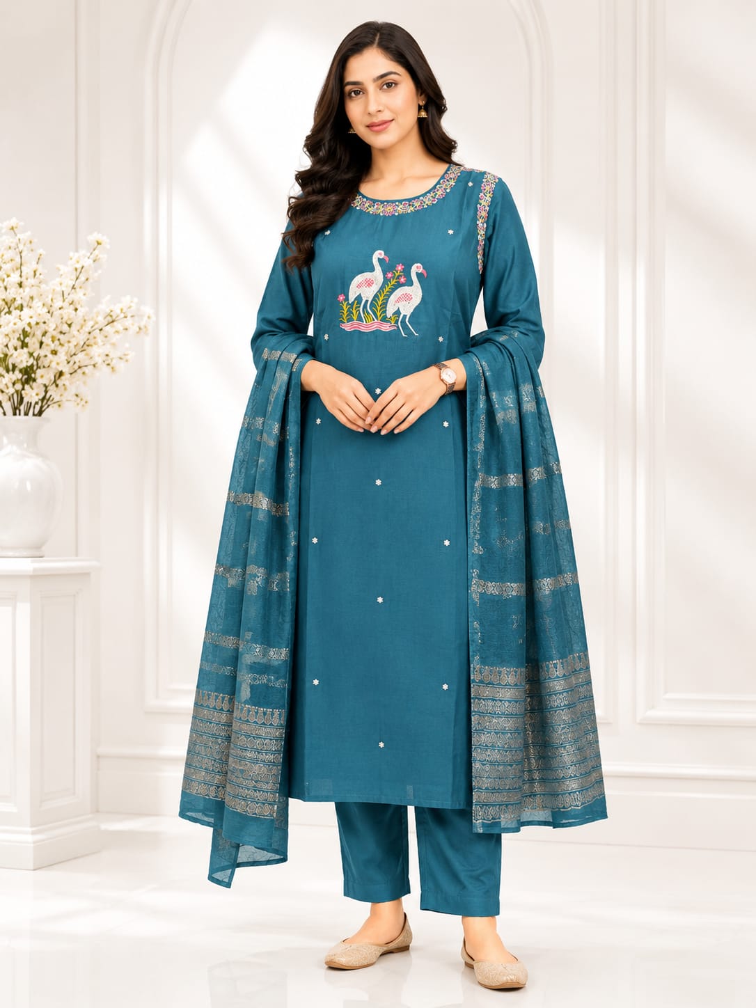 Premium Roman Silk 3-Piece Kurti Set | Best Ladies Wear Vijayawada