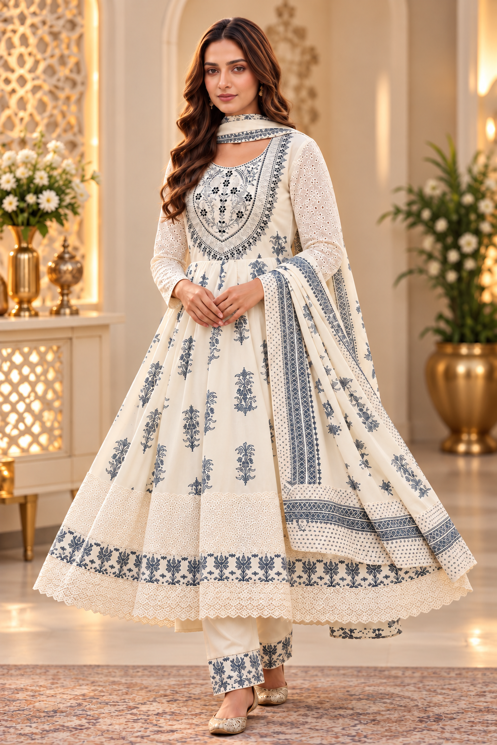 Premium Soft Mul Cotton 3 Piece Suit Set for Women in White with Blue Floral Print – LIKE N LIKE