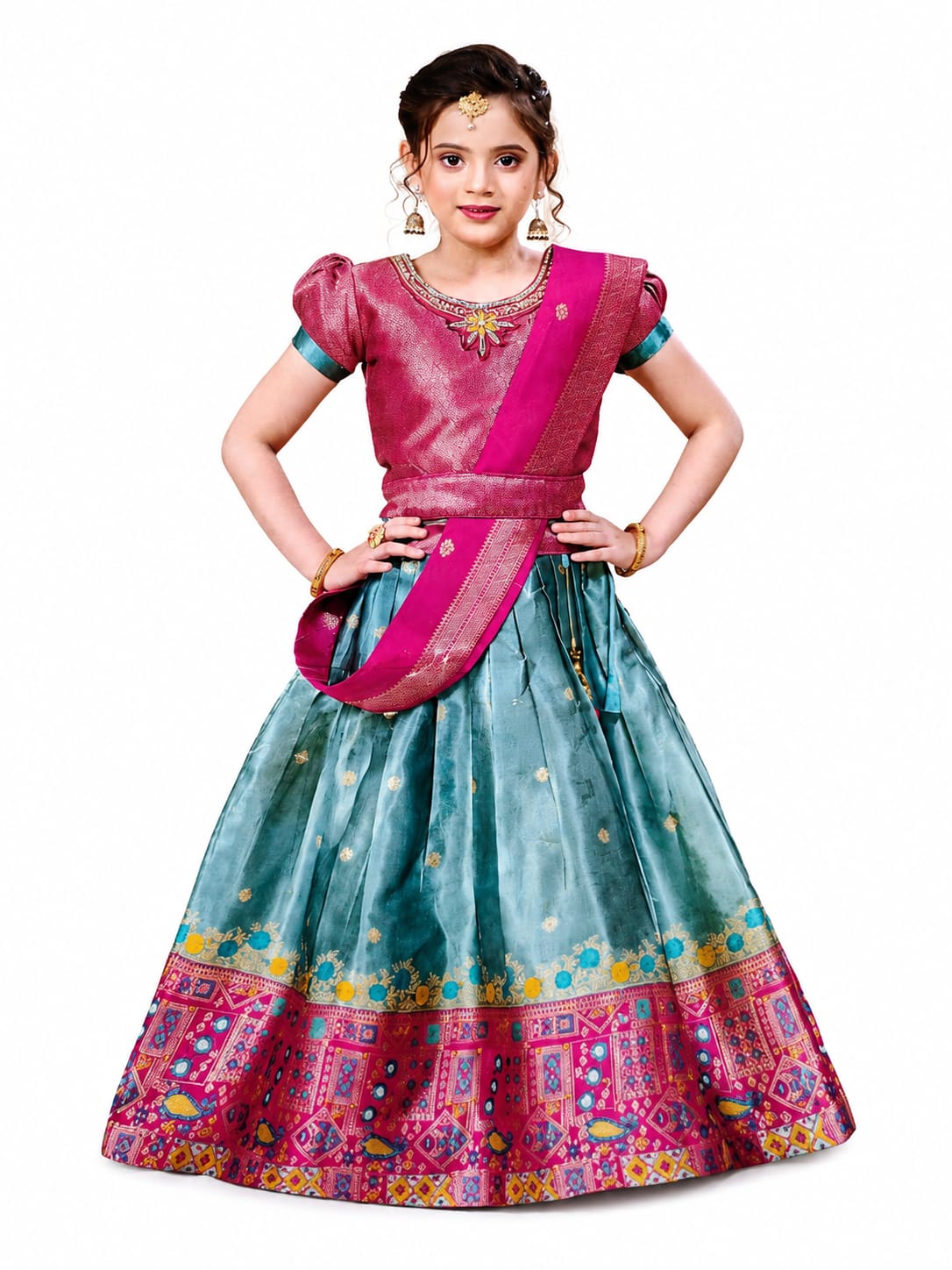 Kids Banaras Crop Top Lehenga Choli - Pink | Like N Like