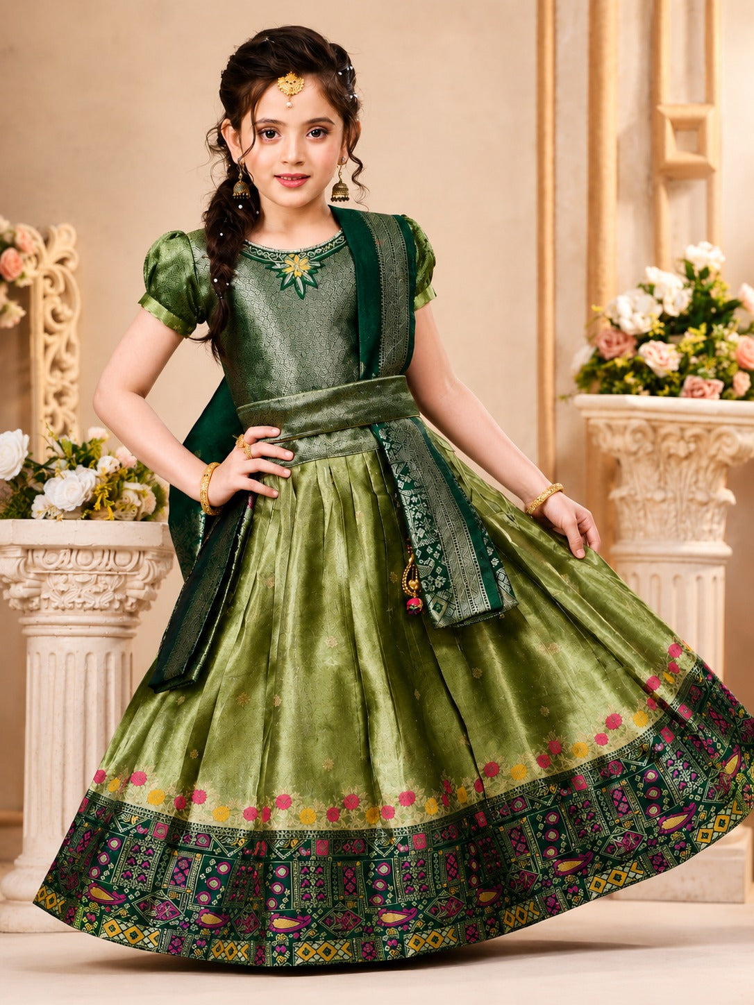 Kids Banaras Crop Top Lehenga Choli - Green | Like N Like