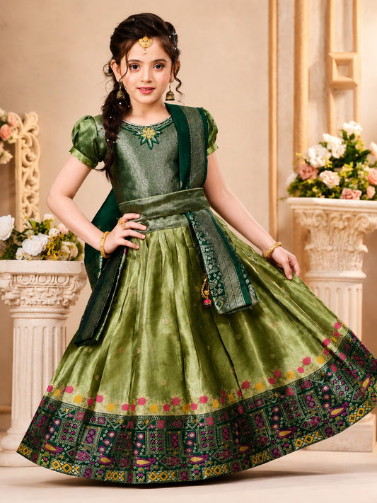 Kids Banaras Crop Top Lehenga Choli - Green | Like N Like