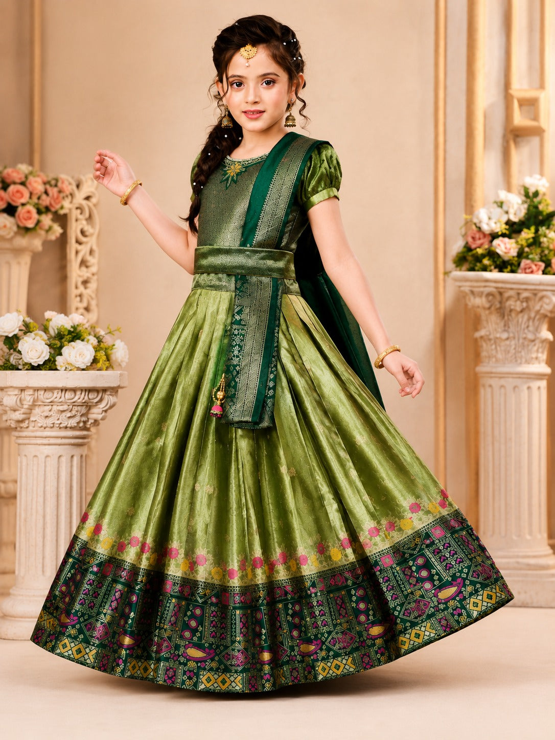 Kids Banaras Crop Top Lehenga Choli - Green | Like N Like