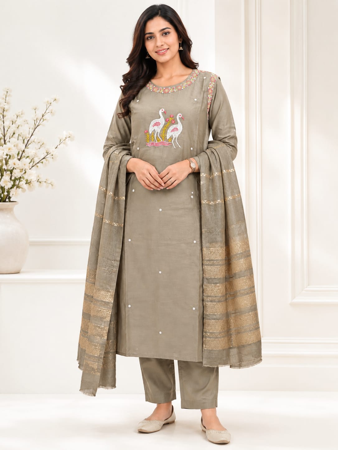 Best Women's Wear Vijayawada | Premium Roman Silk 3-Piece Kurti Set
