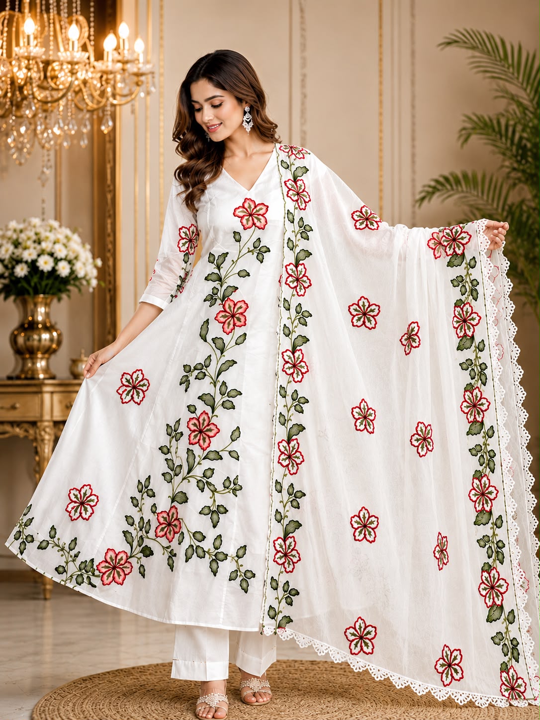 Premium Floral Thread Embroidered White Mal Chanderi Anarkali Suit Set with Dupatta for Women