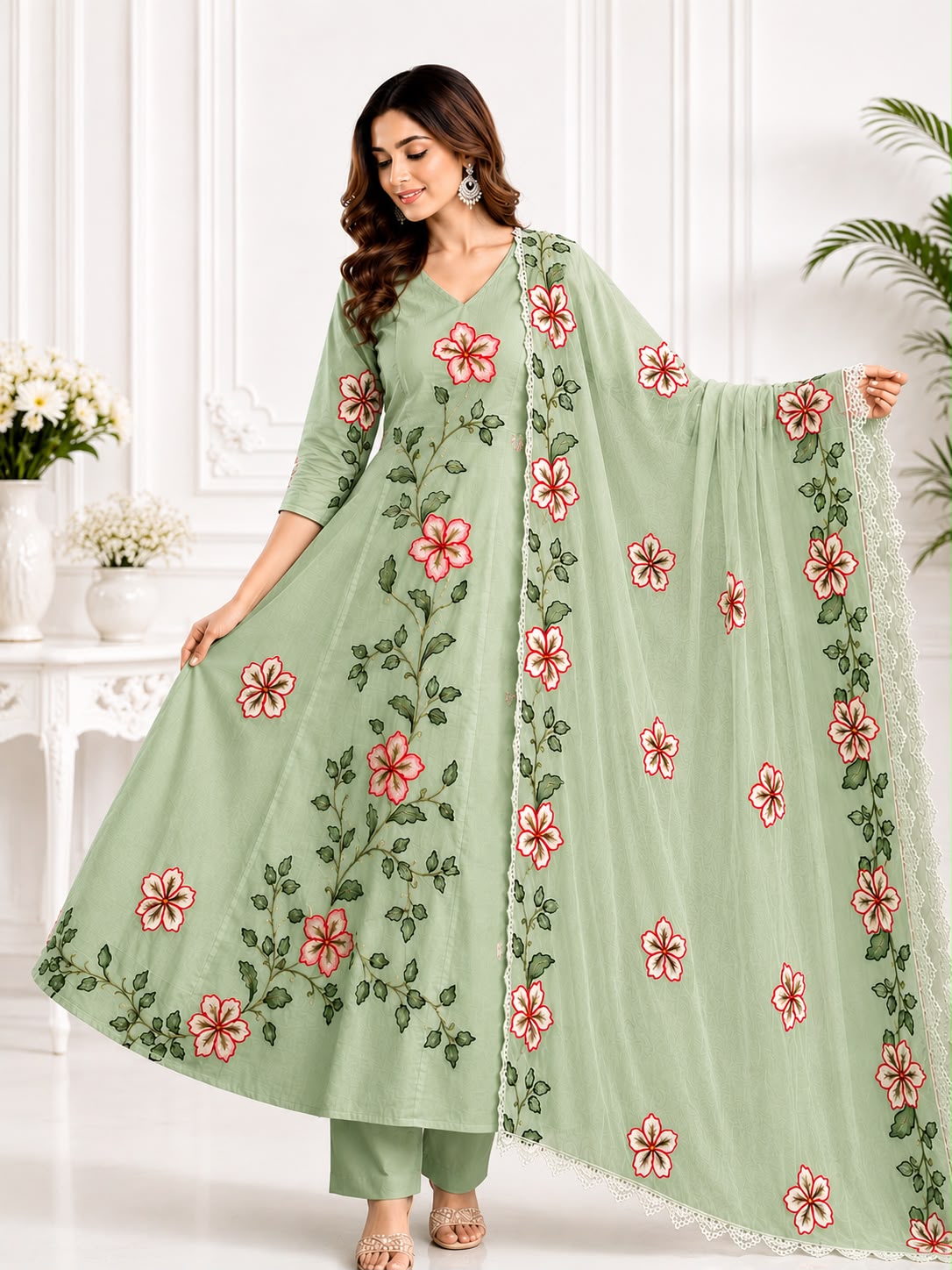 Premium Floral Thread Embroidered Mint Green Mal Chanderi Anarkali Suit Set with Dupatta