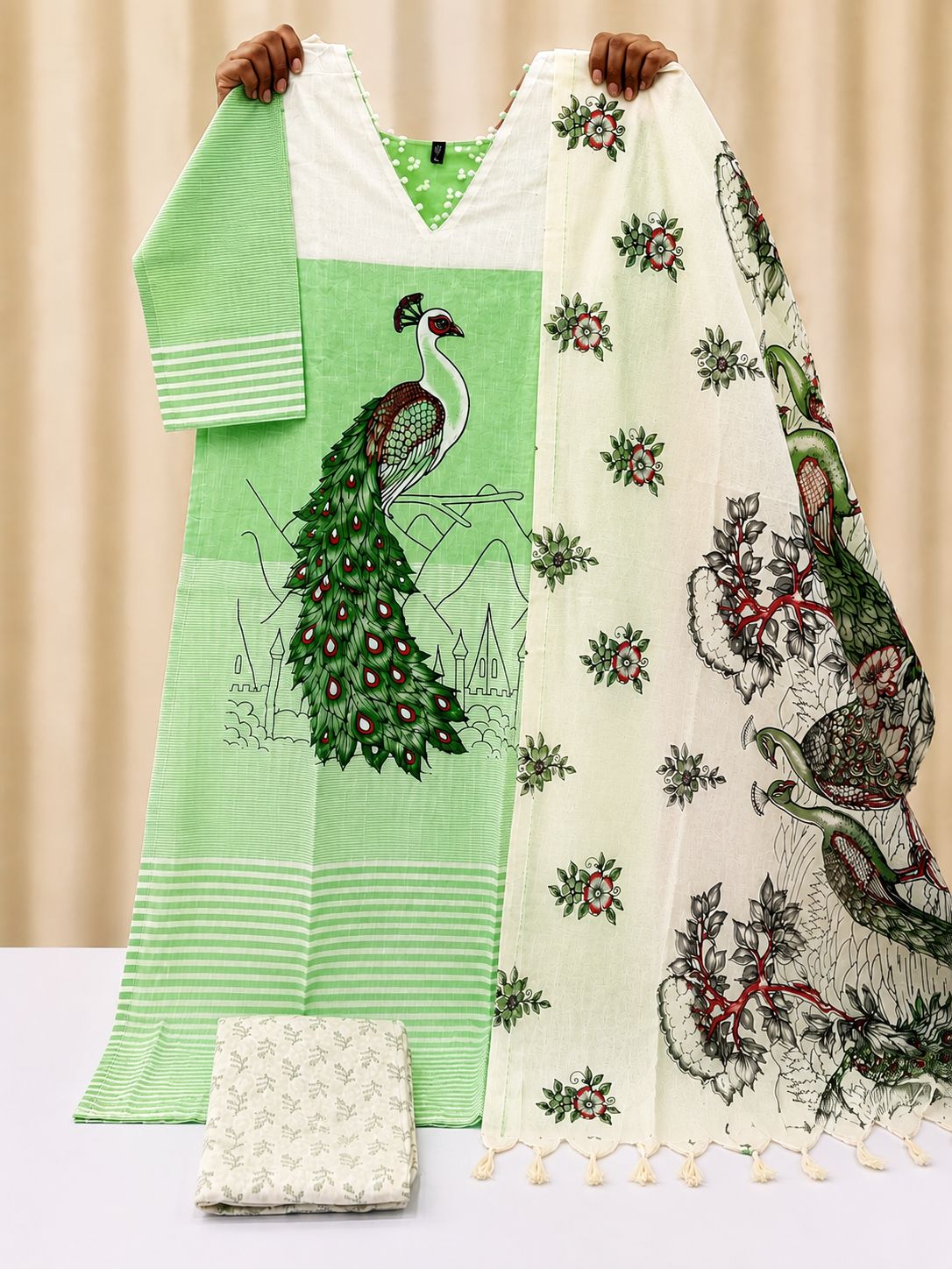 Peacock Theme Mangalagiri Handloom 3-Piece Suit Set | LIKE N LIKE