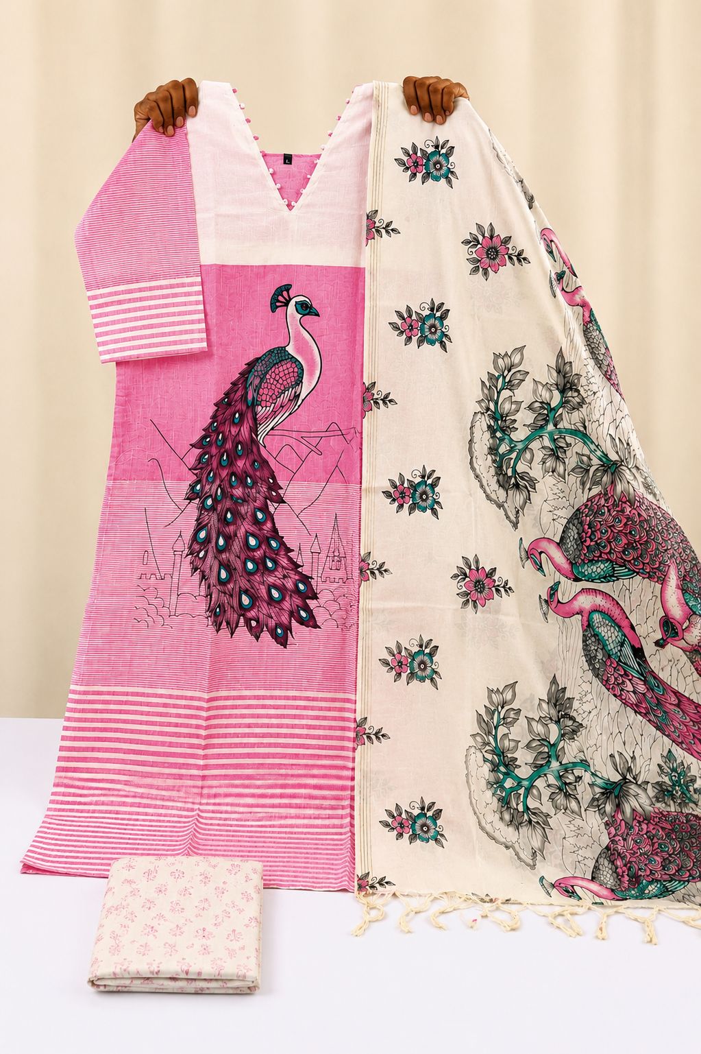 Peacock Theme Mangalagiri Handloom 3-Piece Suit Set | LIKE N LIKE