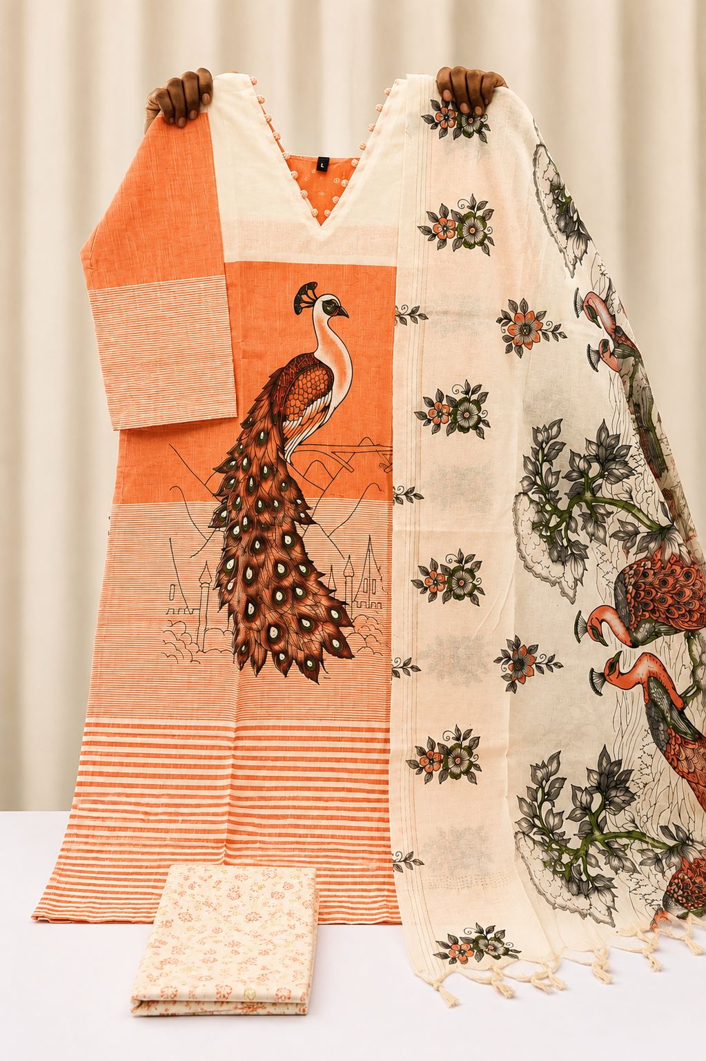 Peacock Theme Mangalagiri Handloom 3-Piece Suit Set | LIKE N LIKE