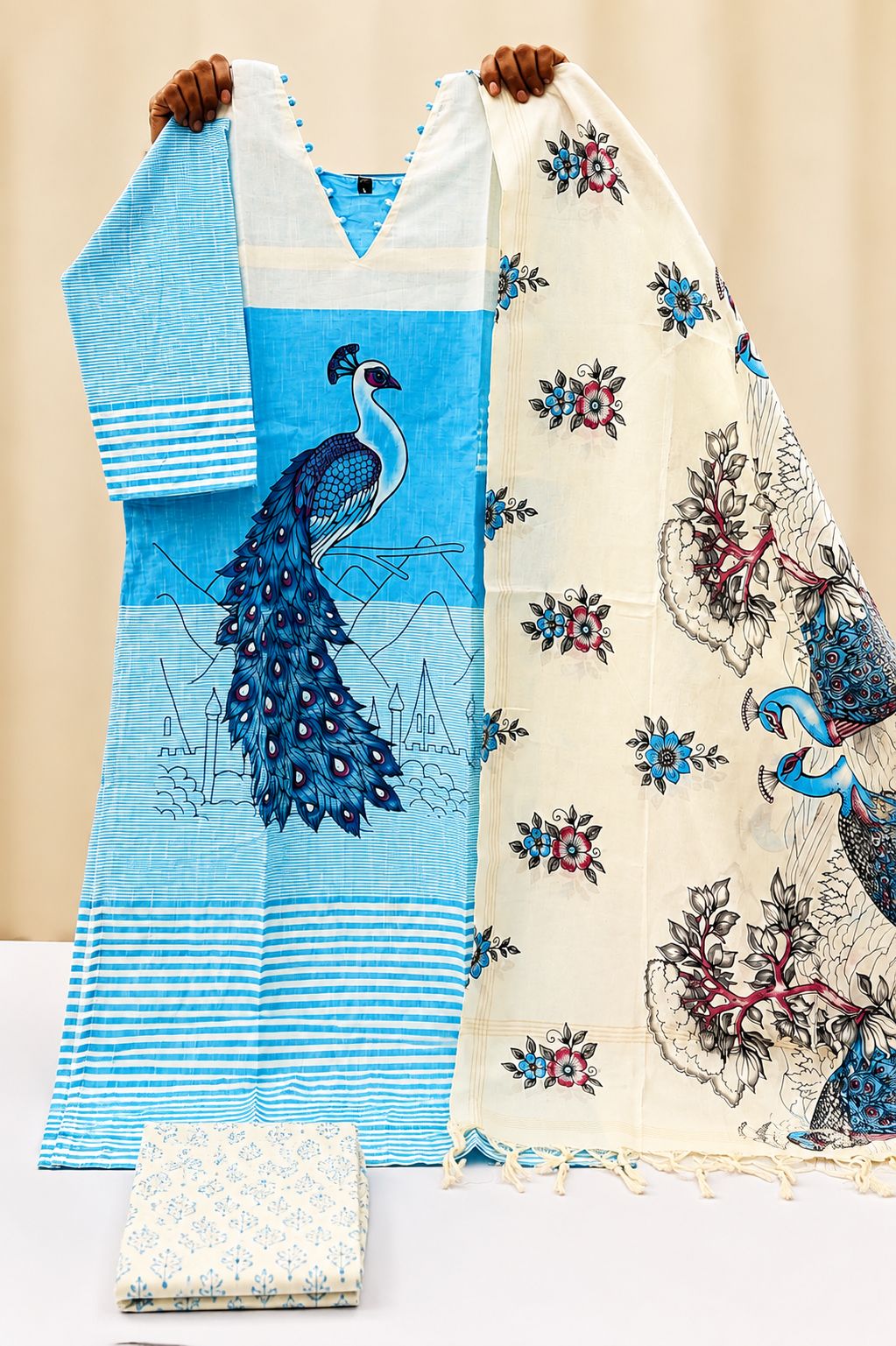 Peacock Theme Mangalagiri Handloom 3-Piece Suit Set | LIKE N LIKE