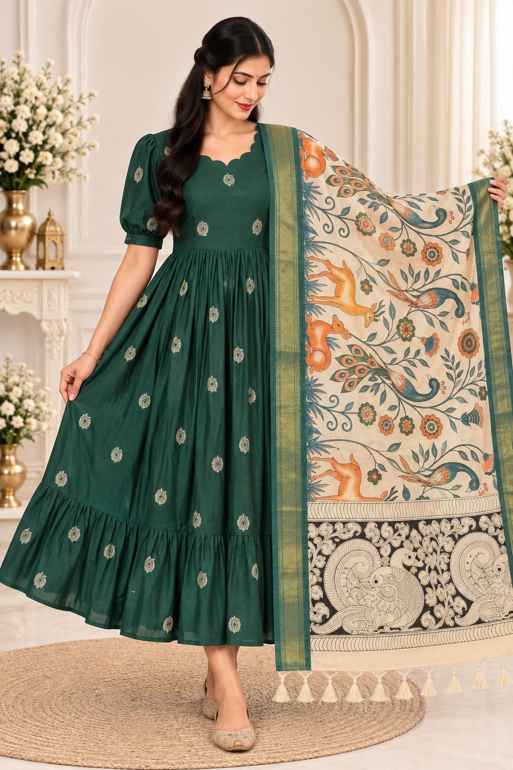Mangalagiri Soft Pattu 2-Piece Set with Kalamkari Dupatta