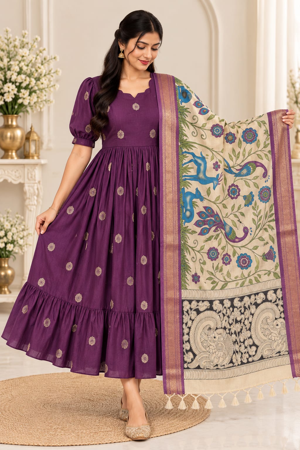 Mangalagiri Soft Pattu 2-Piece Set with Kalamkari Dupatta