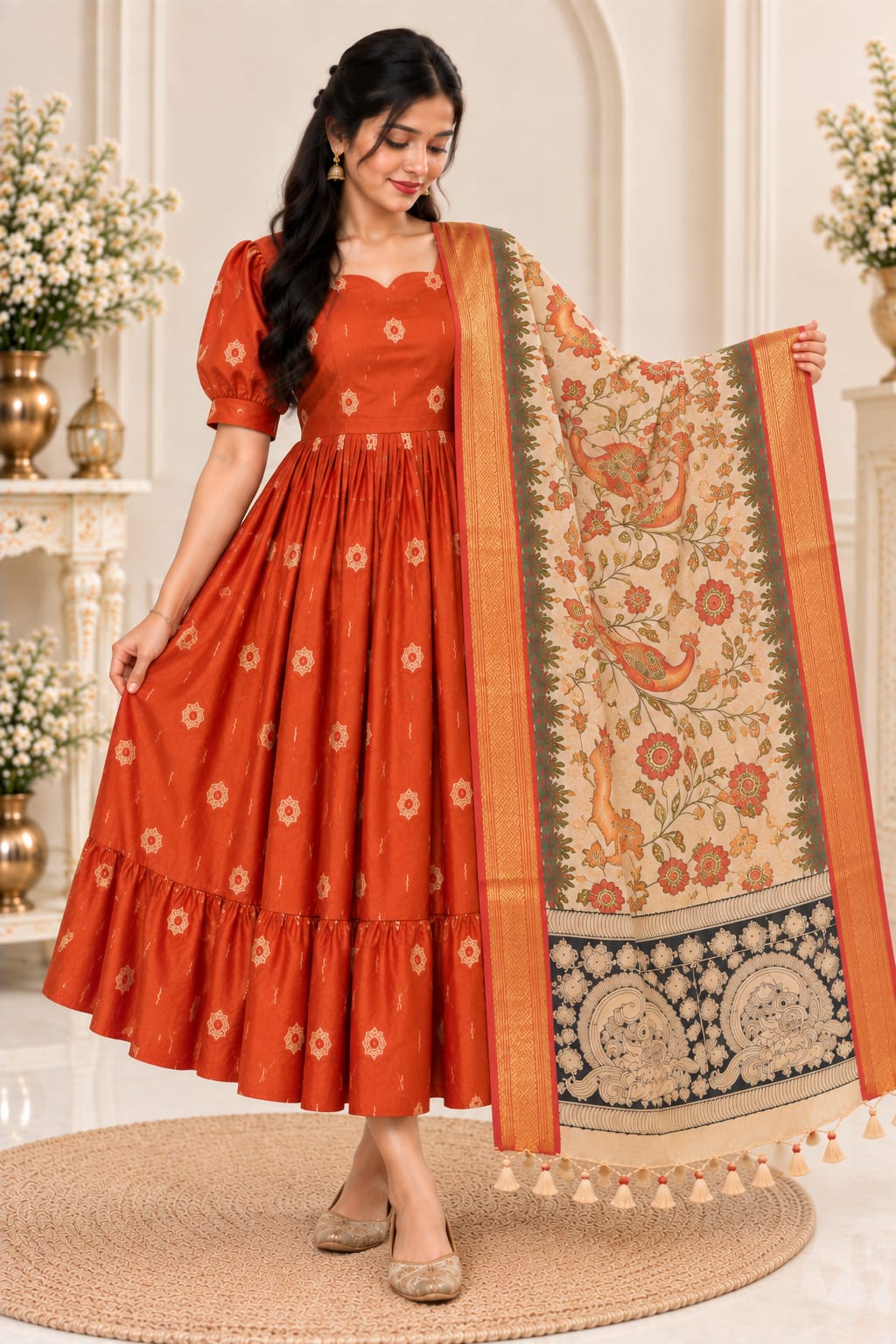 Mangalagiri Soft Pattu 2-Piece Set with Kalamkari Dupatta