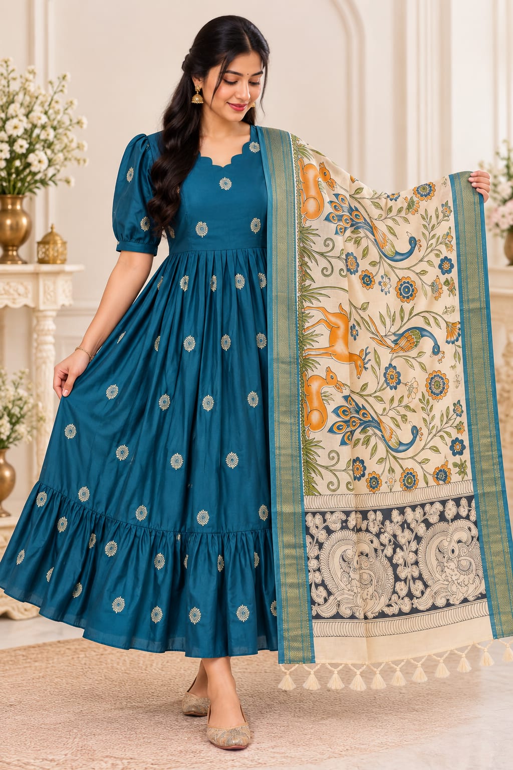 Mangalagiri Soft Pattu 2-Piece Set with Kalamkari Dupatta