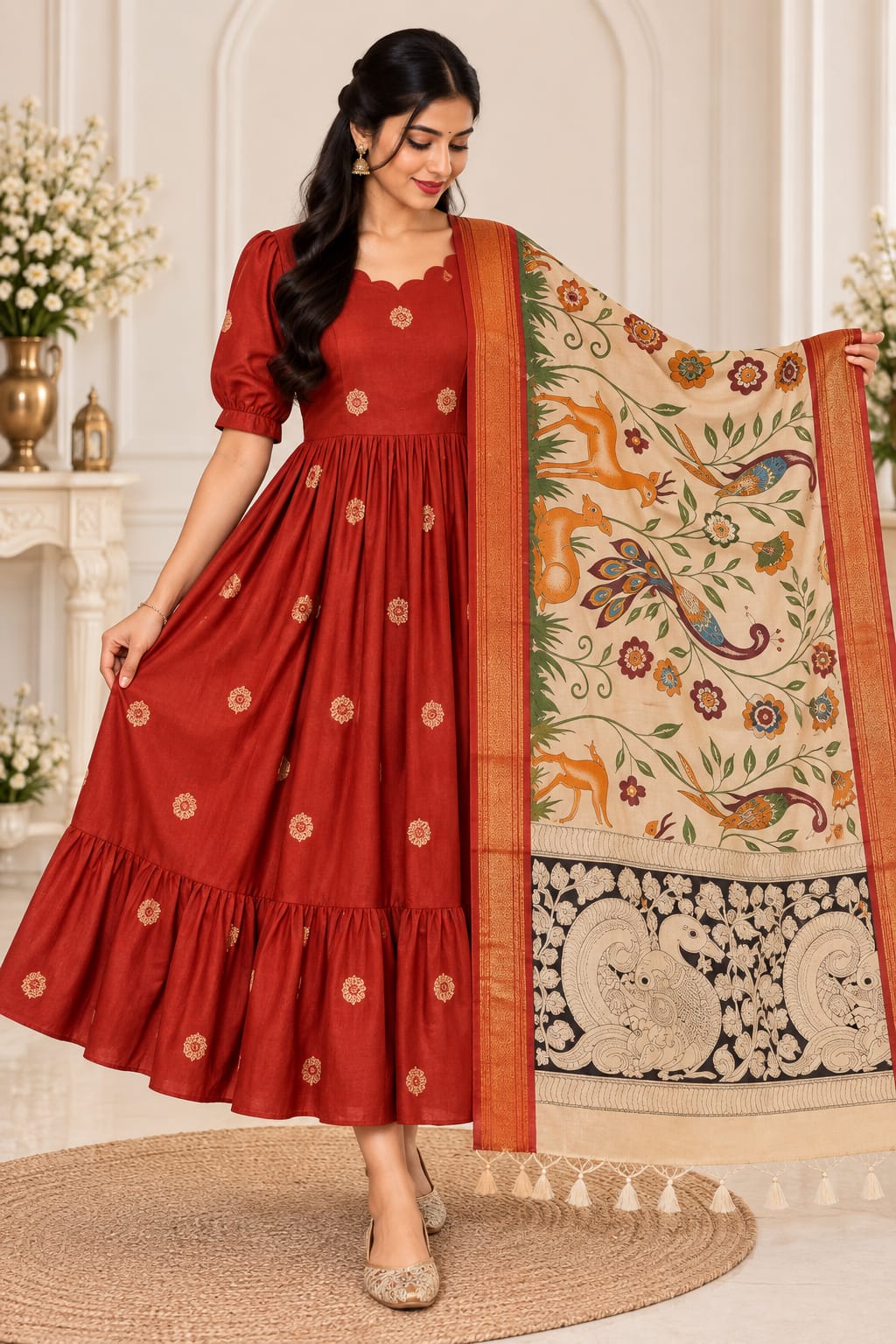 Mangalagiri Soft Pattu 2-Piece Set with Kalamkari Dupatta
