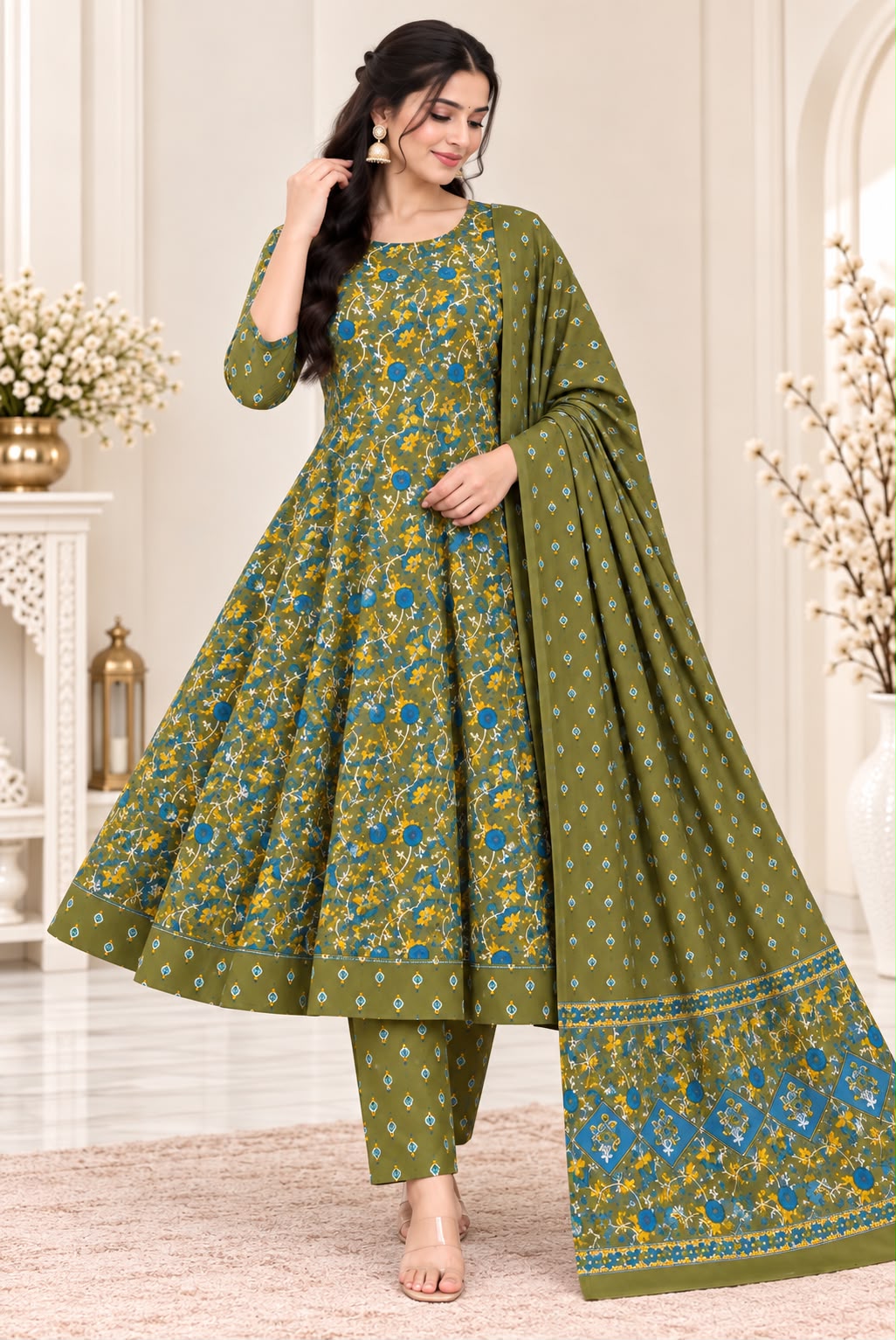 pre order 10days for dispatch Pure Cotton Floral Umbrella Cut Kurti with Pant & Dupatta 3-Piece Set (Sizes L-5XL)