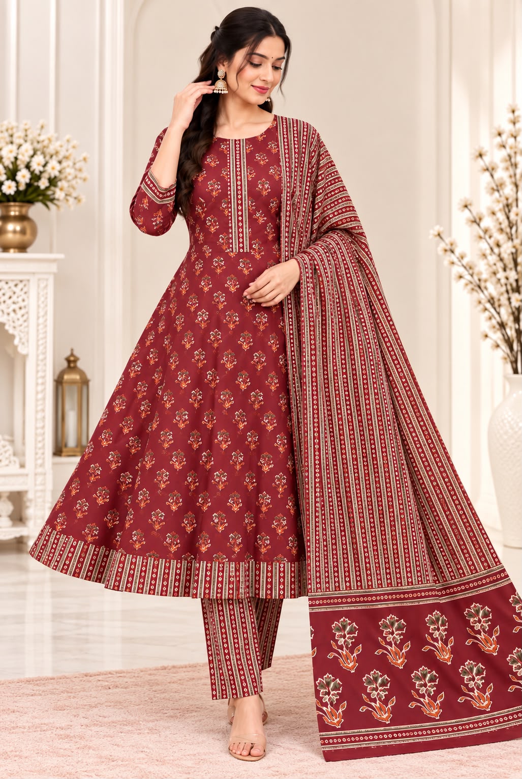 pre order 10days for dispatch Pure Cotton Floral Umbrella Cut Kurti with Pant & Dupatta 3-Piece Set (Sizes L-5XL)