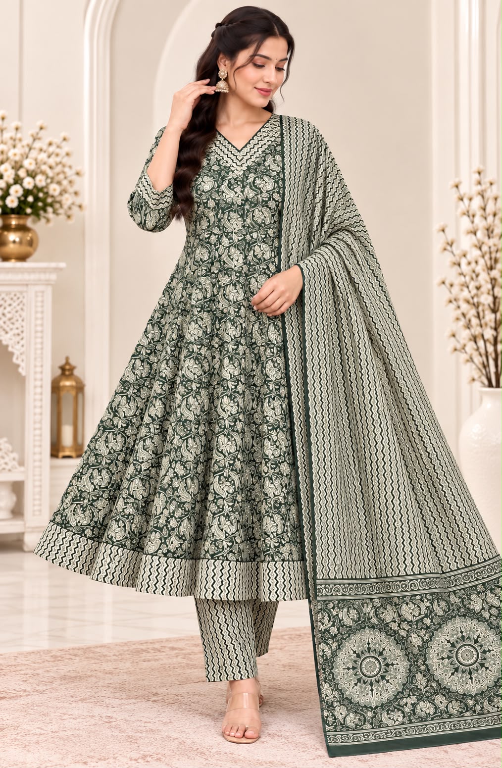 pre order 10days for dispatch Pure Cotton Floral Umbrella Cut Kurti with Pant & Dupatta 3-Piece Set (Sizes L-5XL)