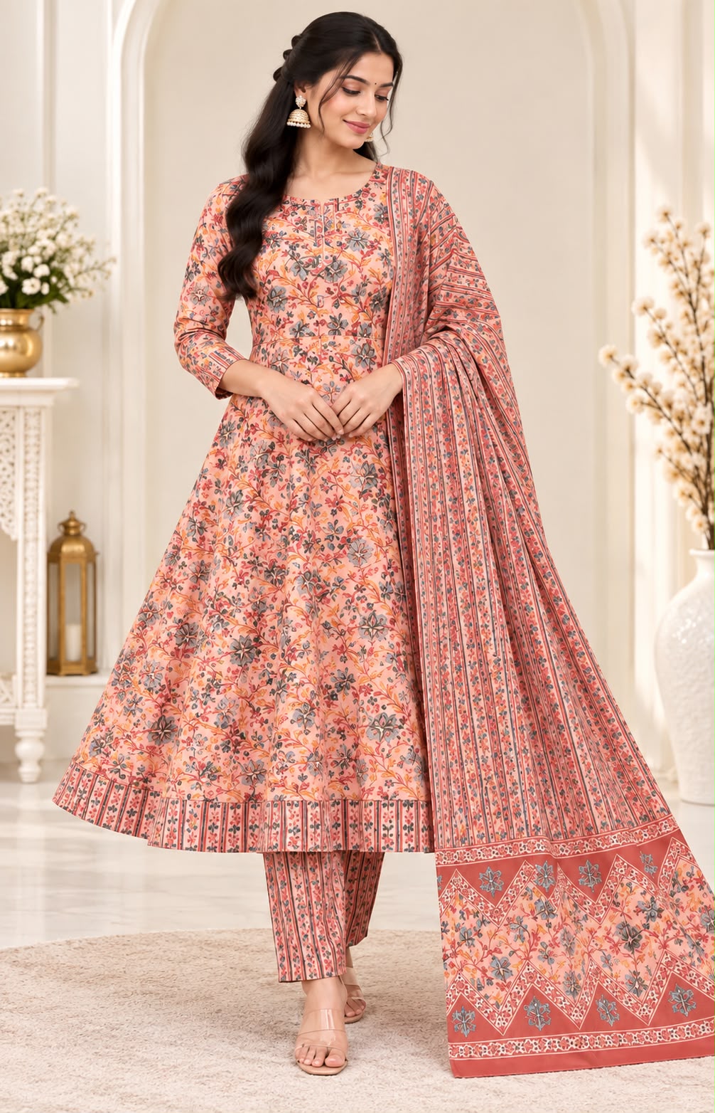 pre order 10days for dispatch Pure Cotton Floral Umbrella Cut Kurti with Pant & Dupatta 3-Piece Set (Sizes L-5XL)