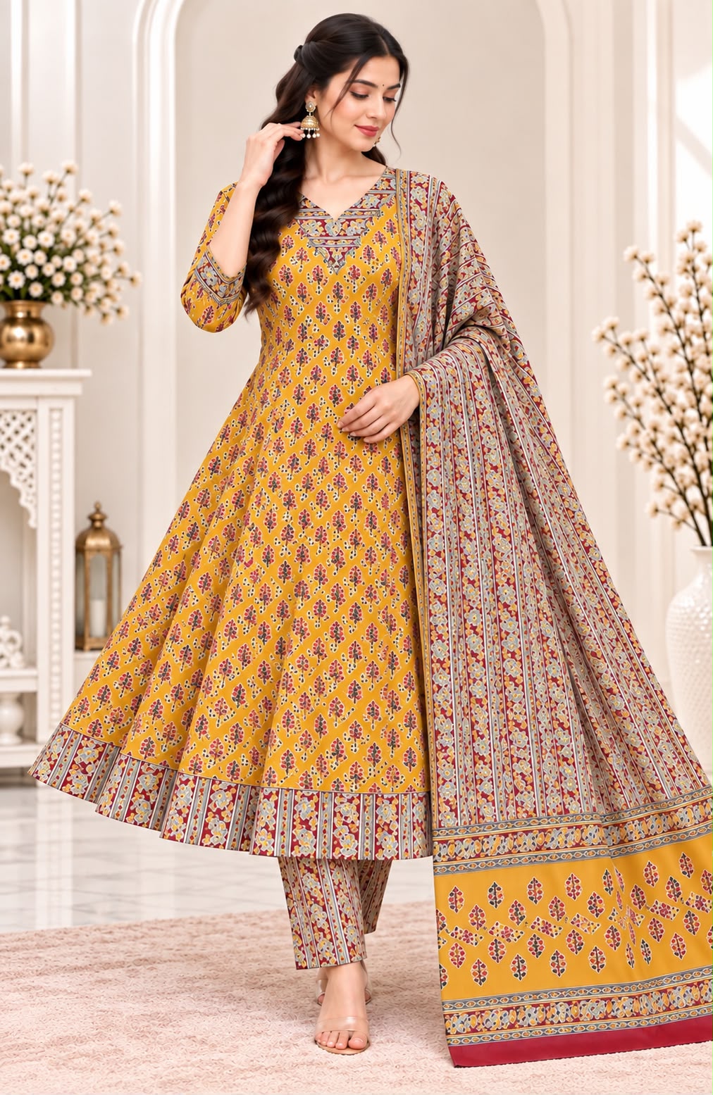 pre order 10days for dispatch Pure Cotton Floral Umbrella Cut Kurti with Pant & Dupatta 3-Piece Set (Sizes L-5XL)