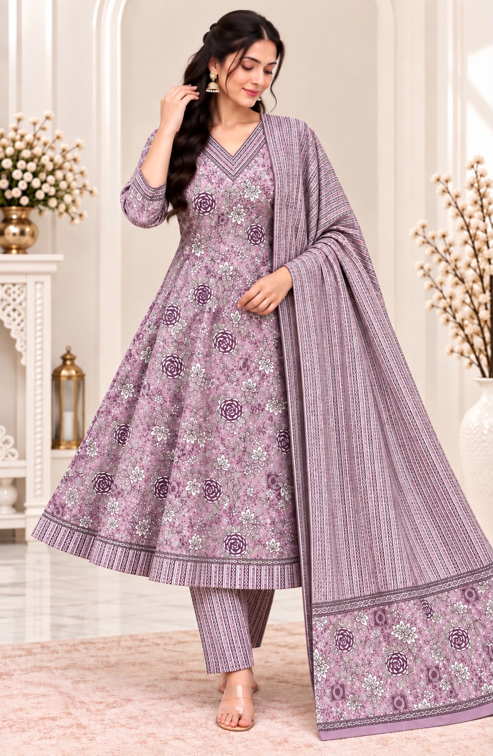 pre order 10days for dispatch Pure Cotton Floral Umbrella Cut Kurti with Pant & Dupatta 3-Piece Set (Sizes L-5XL)