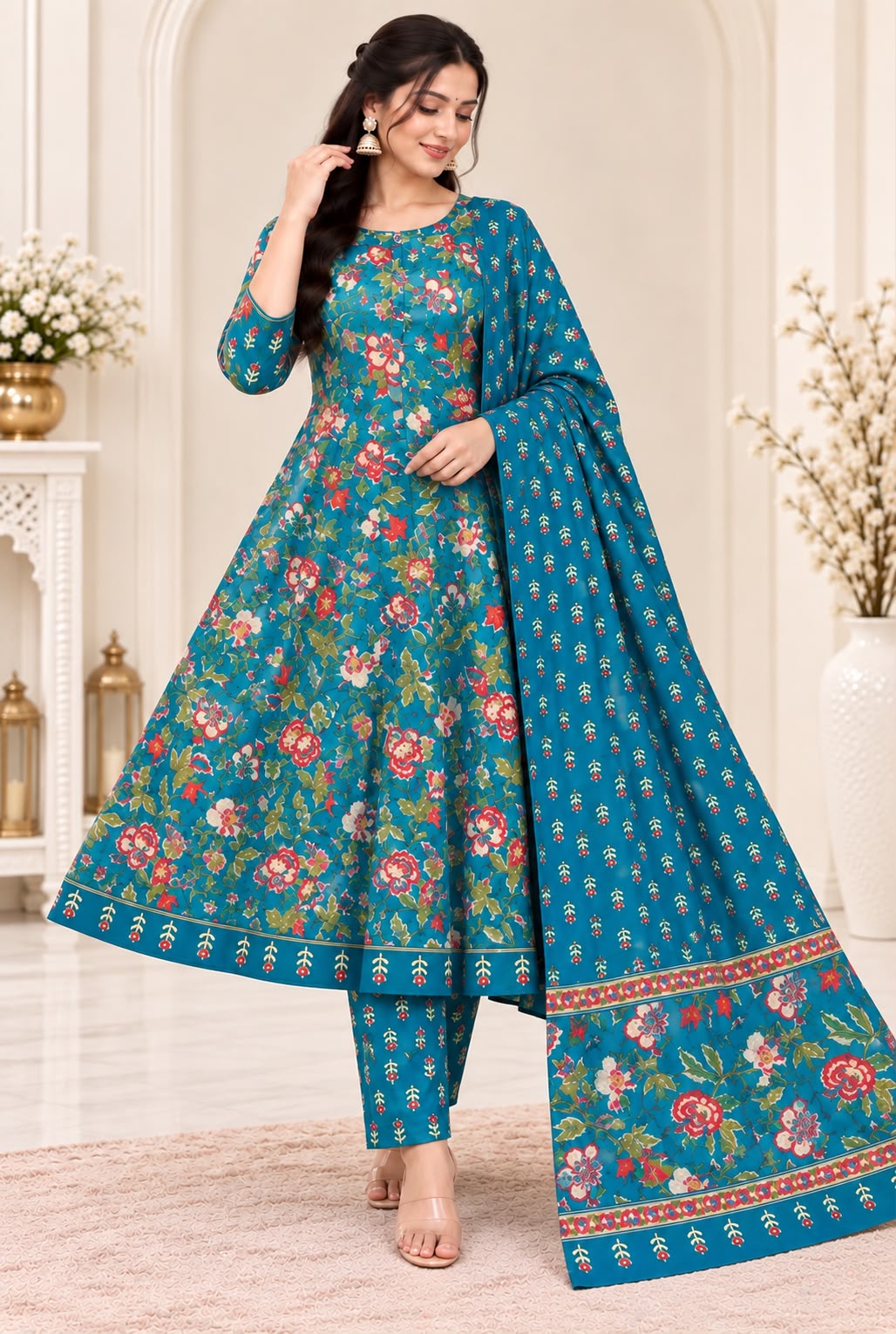 pre order 10days for dispatch Pure Cotton Floral Umbrella Cut Kurti with Pant & Dupatta 3-Piece Set (Sizes L-5XL)